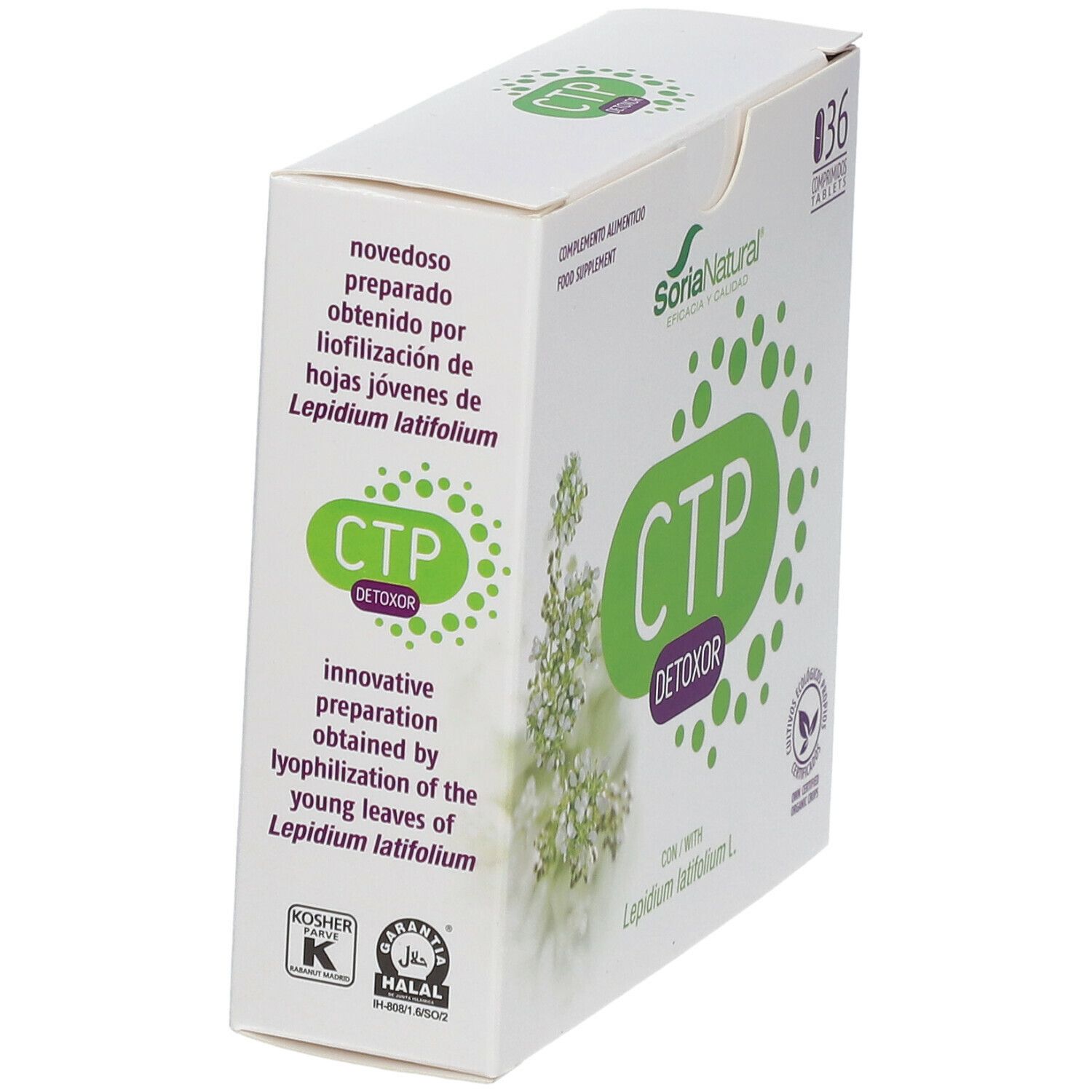 Weiße Schachtel mit grünem CTP Detoxor-Logo und SoriaNatural-Logo. Enthält 36 Tabletten. Mit Kosher- und Halal-Zertifizierung.