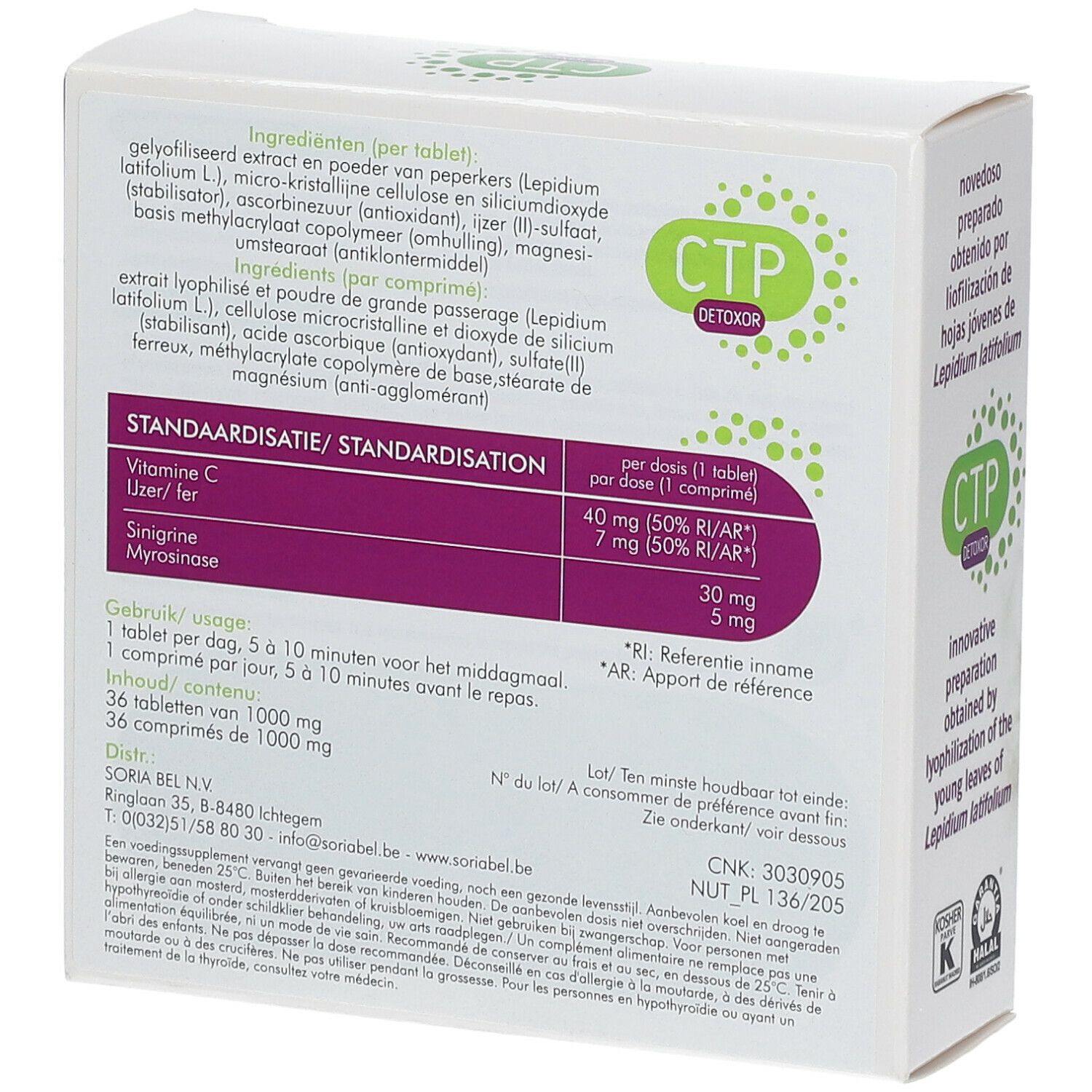 Schachtel mit Inhaltsangaben. Enthält CTP Detoxor. Enthält Vitamin C, Sinigrin und Myrosinase. 36 Tabletten.