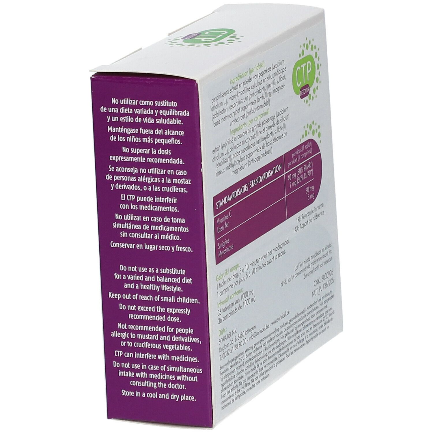 Schachtel mit Warnhinweisen. Enthält CTP Detoxor. Enthält Informationen zu Dosierung und Vorsichtsmaßnahmen.