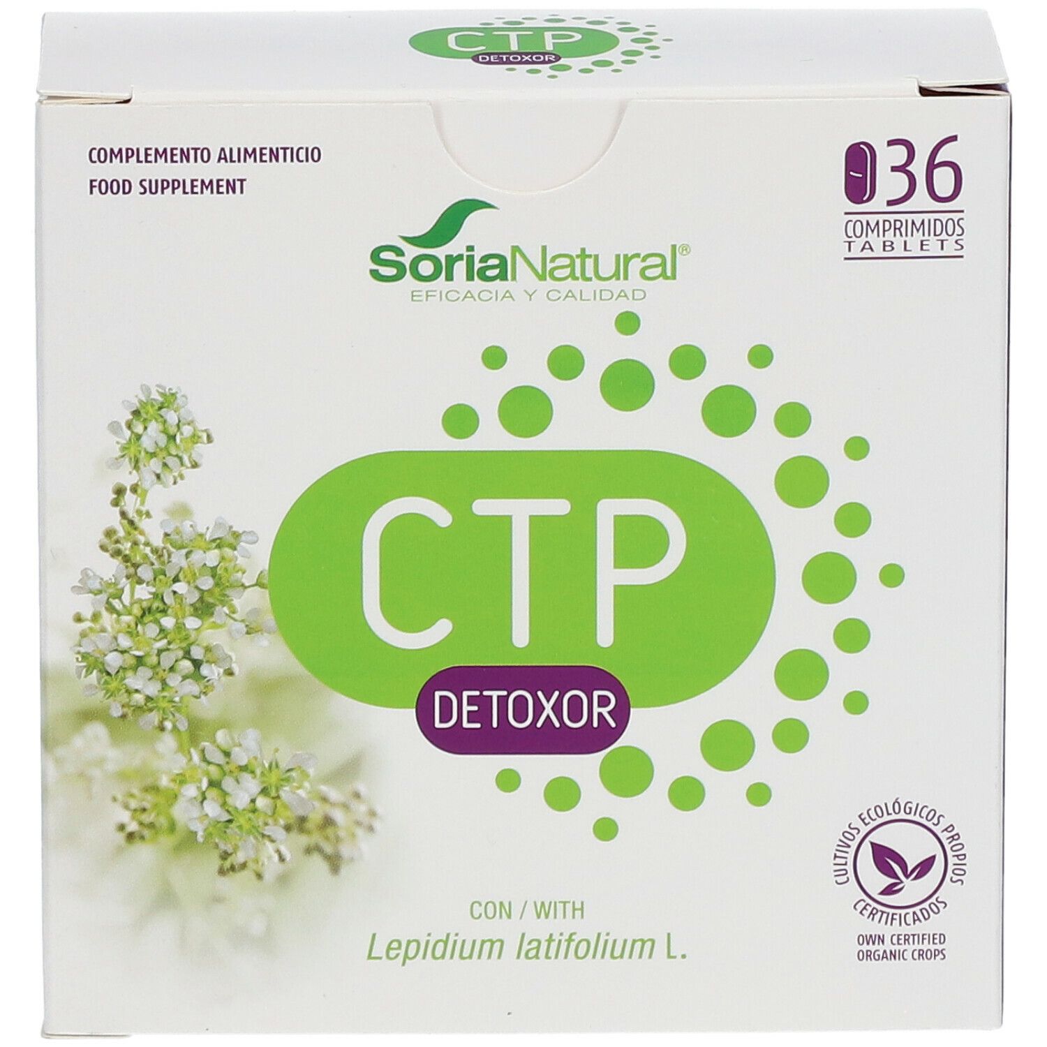 Weiße Schachtel mit grünem CTP Detoxor-Logo und SoriaNatural-Logo. Enthält 36 Tabletten. Mit Bio-Zertifizierung.