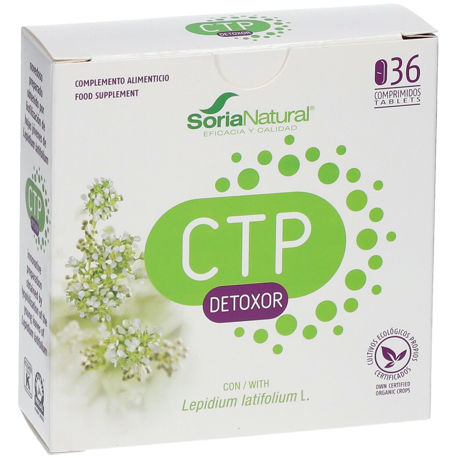 Weiße Schachtel mit grünem CTP Detoxor-Logo und SoriaNatural-Logo. Enthält 36 Tabletten. Mit Bio-Zertifizierung.