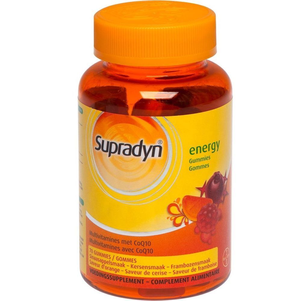 Flacon orange Supradyn Energy Gummies. Inscription : Multivitamines avec CoQ10. 70 gommes.