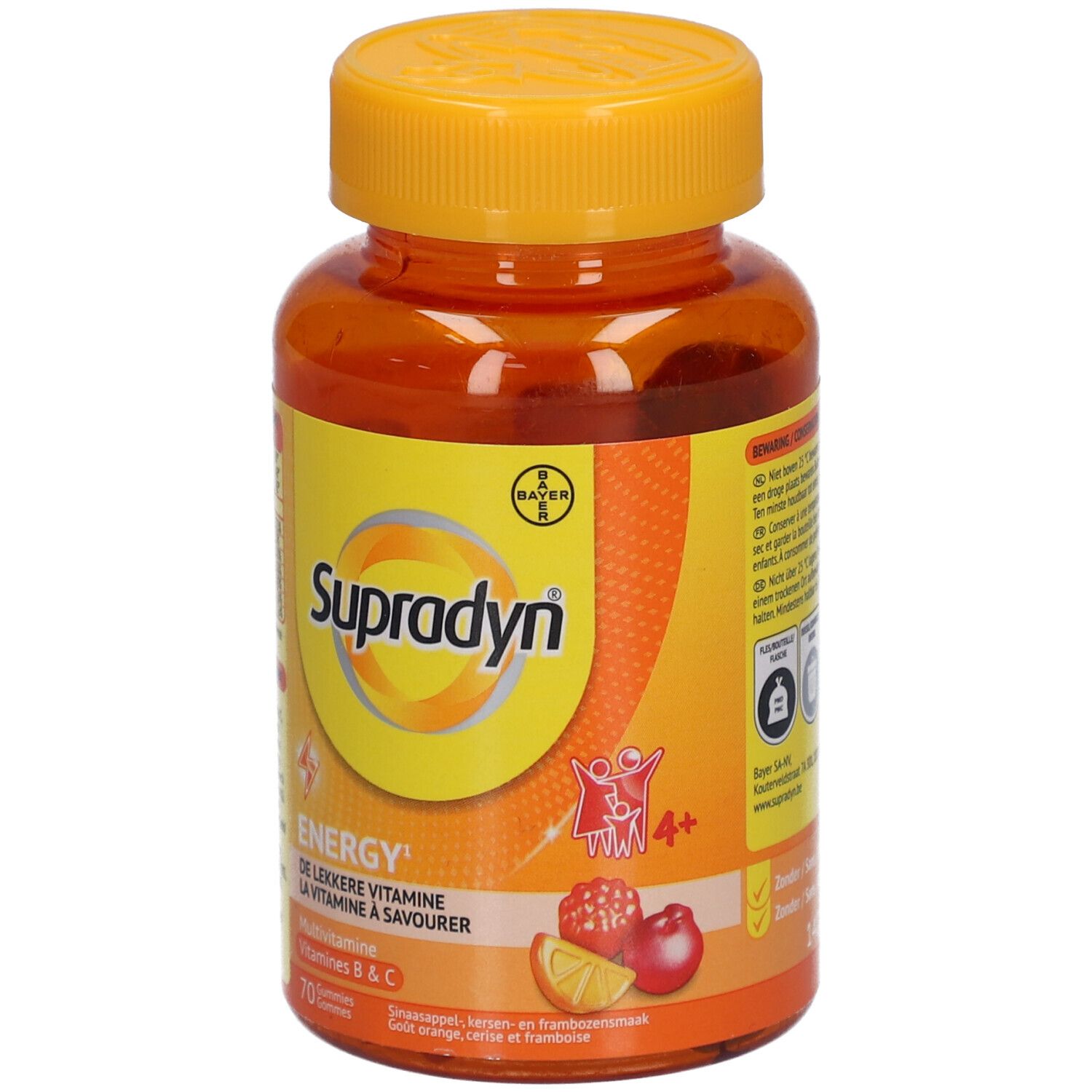 Flacon orange de Supradyn Energy. Inscription : Multivitamines, Vitamines B & C. 70 gommes.