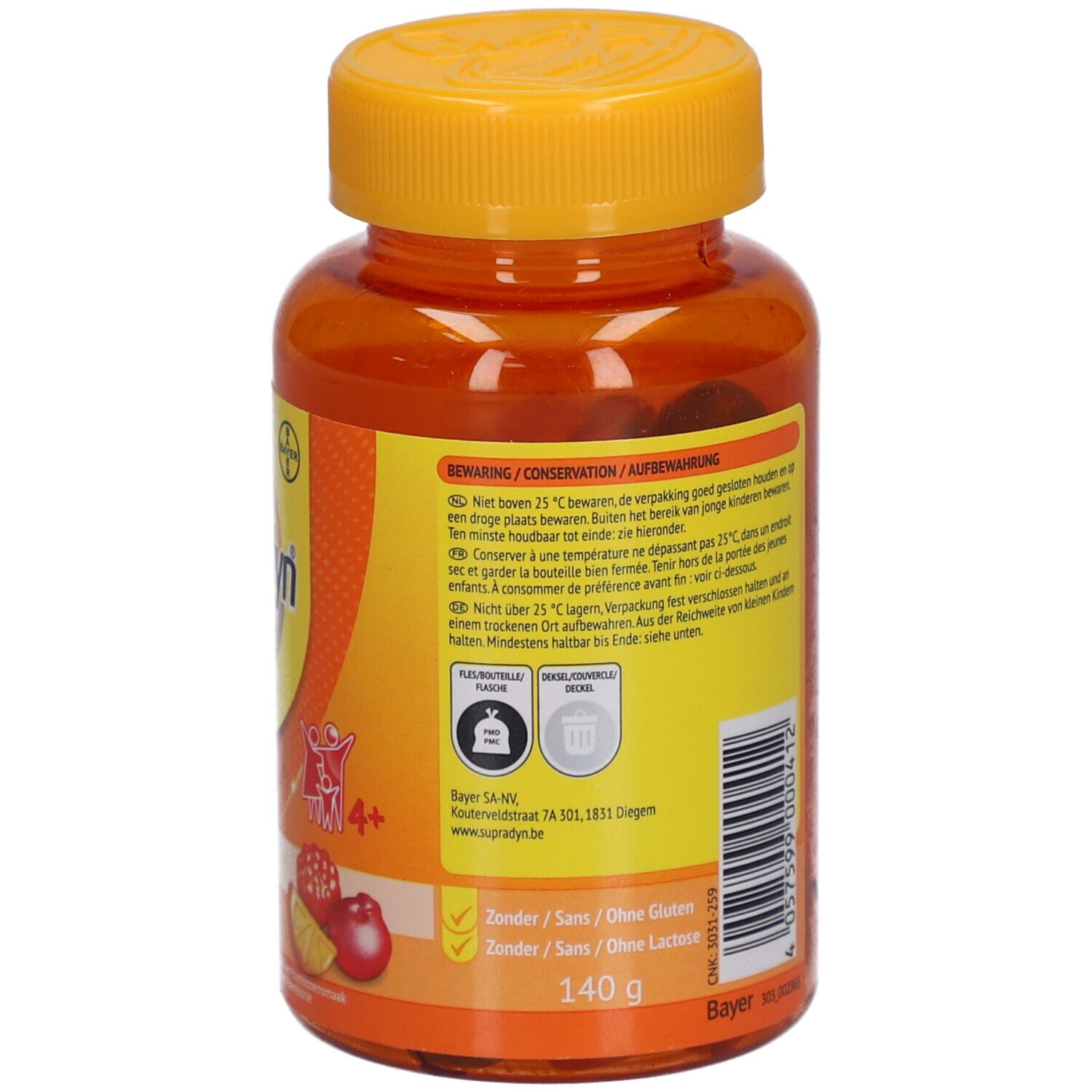 Dos du flacon Supradyn Energy. Contient des informations sur le stockage et les ingrédients. 140 g.