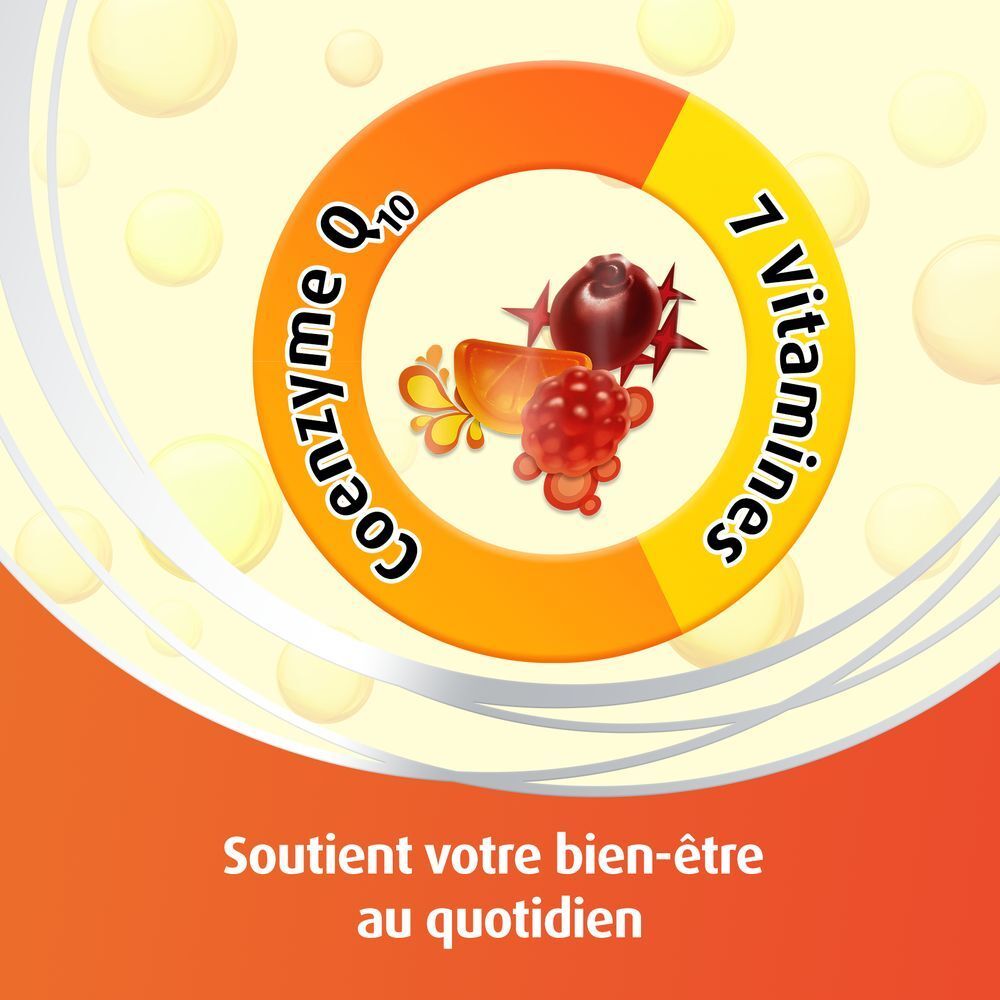 Représentation circulaire avec fruits et vitamines. Texte : Coenzyme Q10, 1 Vitamines. Soutient le bien-être.