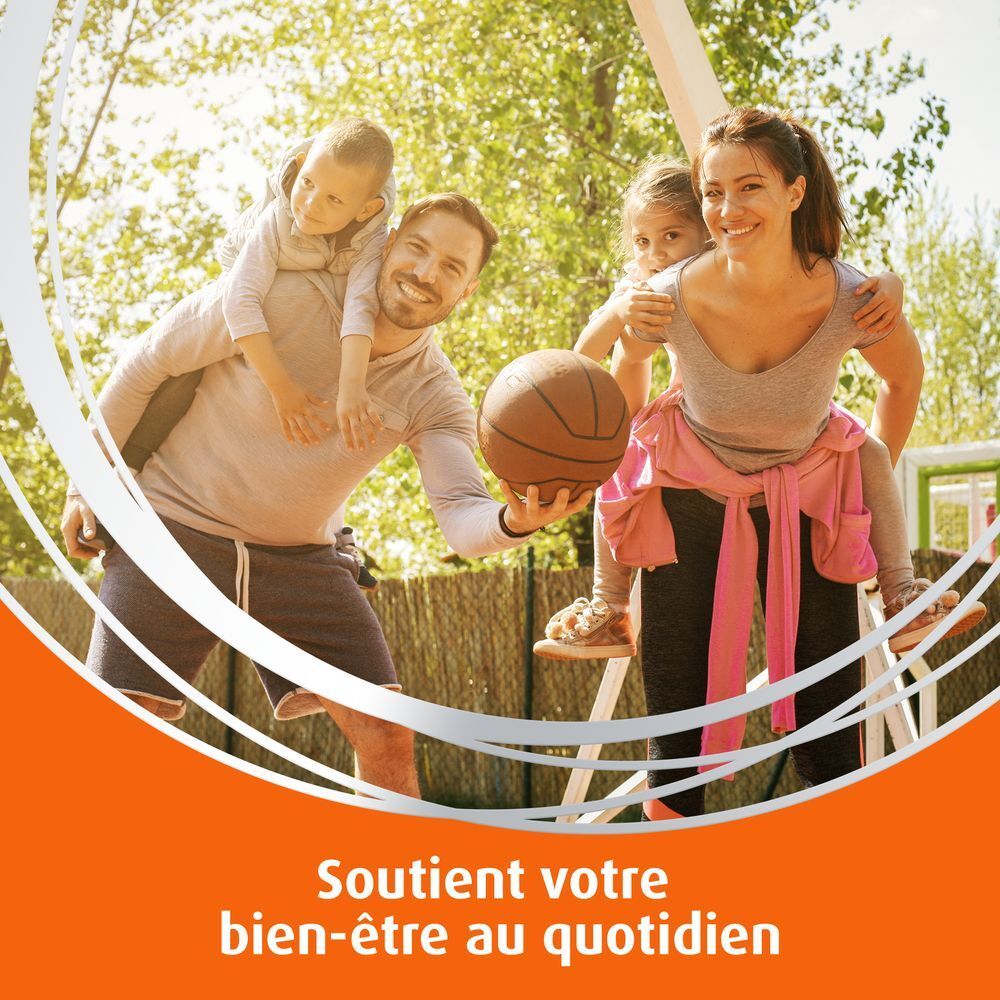 Famille jouant à l'extérieur. Texte : Soutient votre bien-être au quotidien.