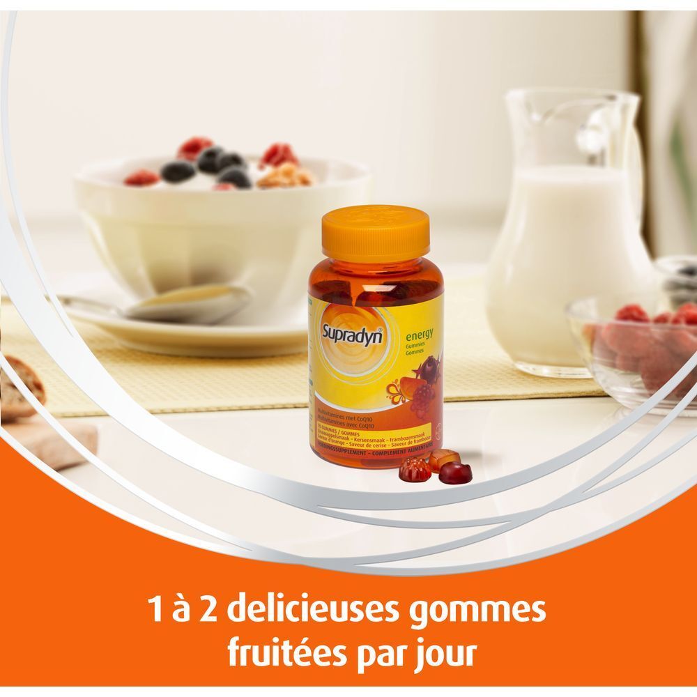 Table avec petit-déjeuner et flacon Supradyn Energy. Texte : 1 à 2 délicieuses gommes fruitées par jour.