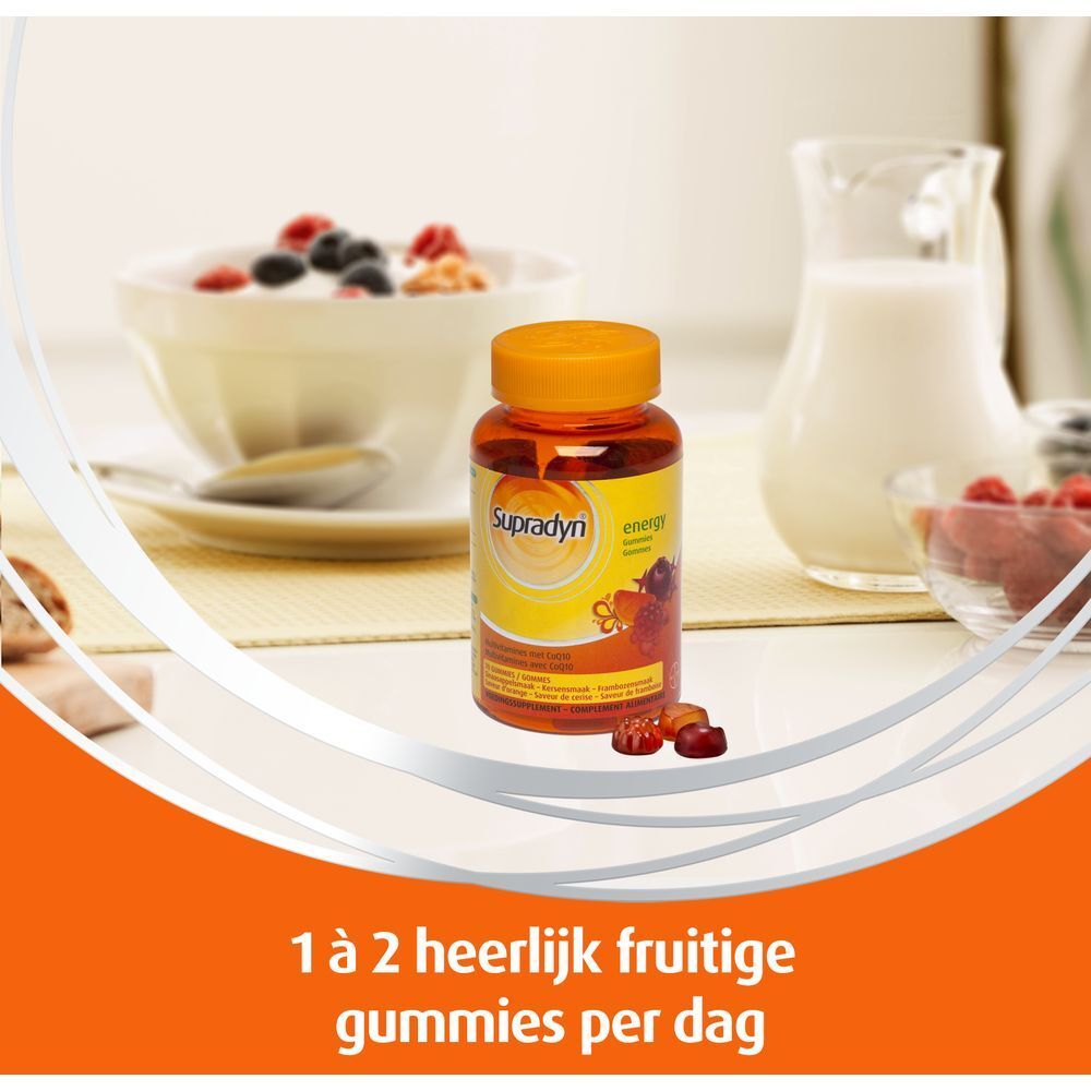 Tafel met ontbijt en fles Supradyn Energy. Tekst: 1 à 2 heerlijk fruitgummies per dag.