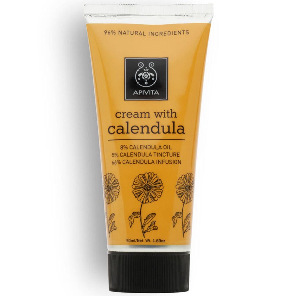 Creme-Tube mit Aufschrift 'cream with calendula'. Enthält 8% Calendulaöl, 5% Calendula-Tinktur und 66% Calendula-Infusion.