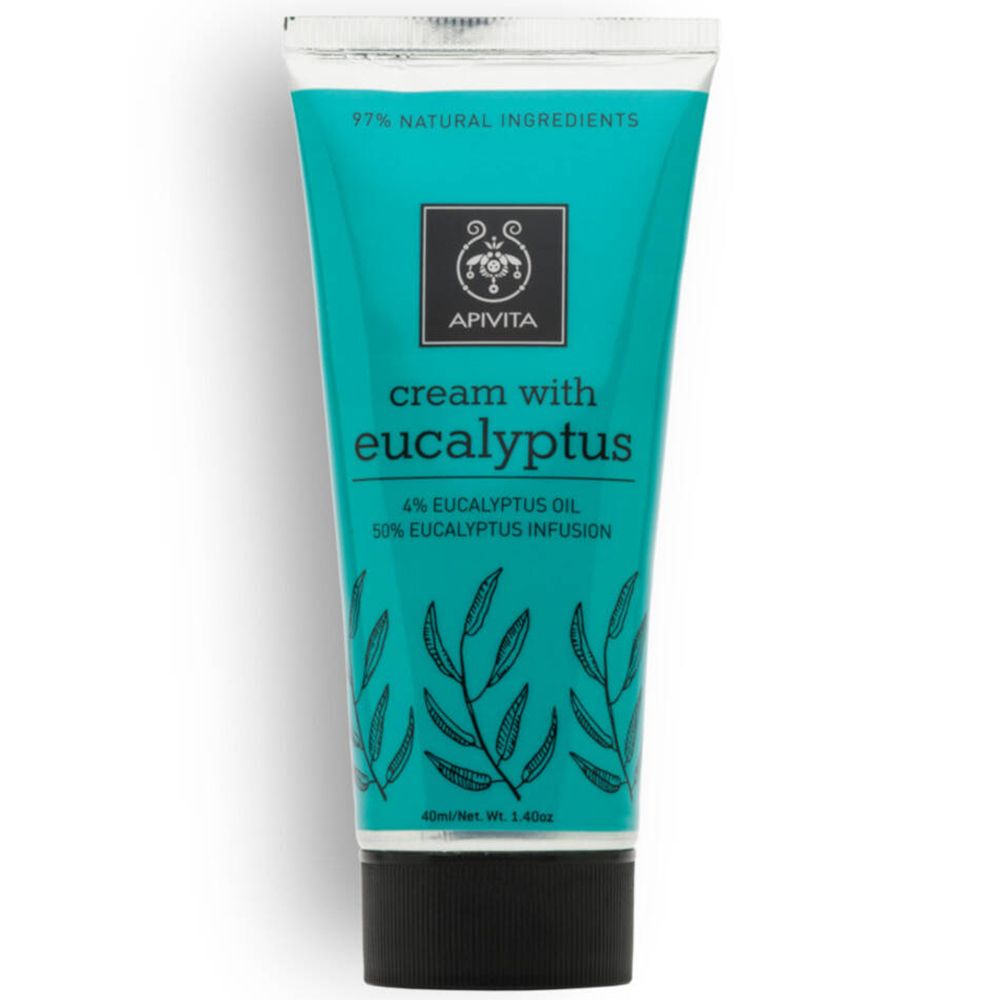 Creme-Tube mit grünem Hintergrund und Eukalyptus-Blatt-Design. Enthält 4% Eukalyptusöl und 50% Eukalyptus-Infusion.