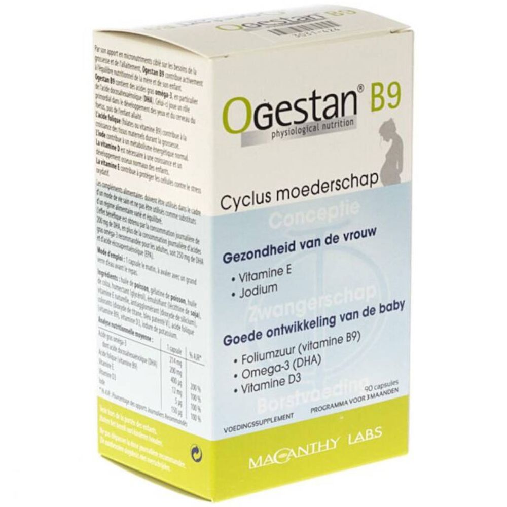 Ogestan B9 Packung. Enthält Kapseln. Aufschrift: Zyklus bei Mutterschaft. Enthält Vitamine und Omega-3.