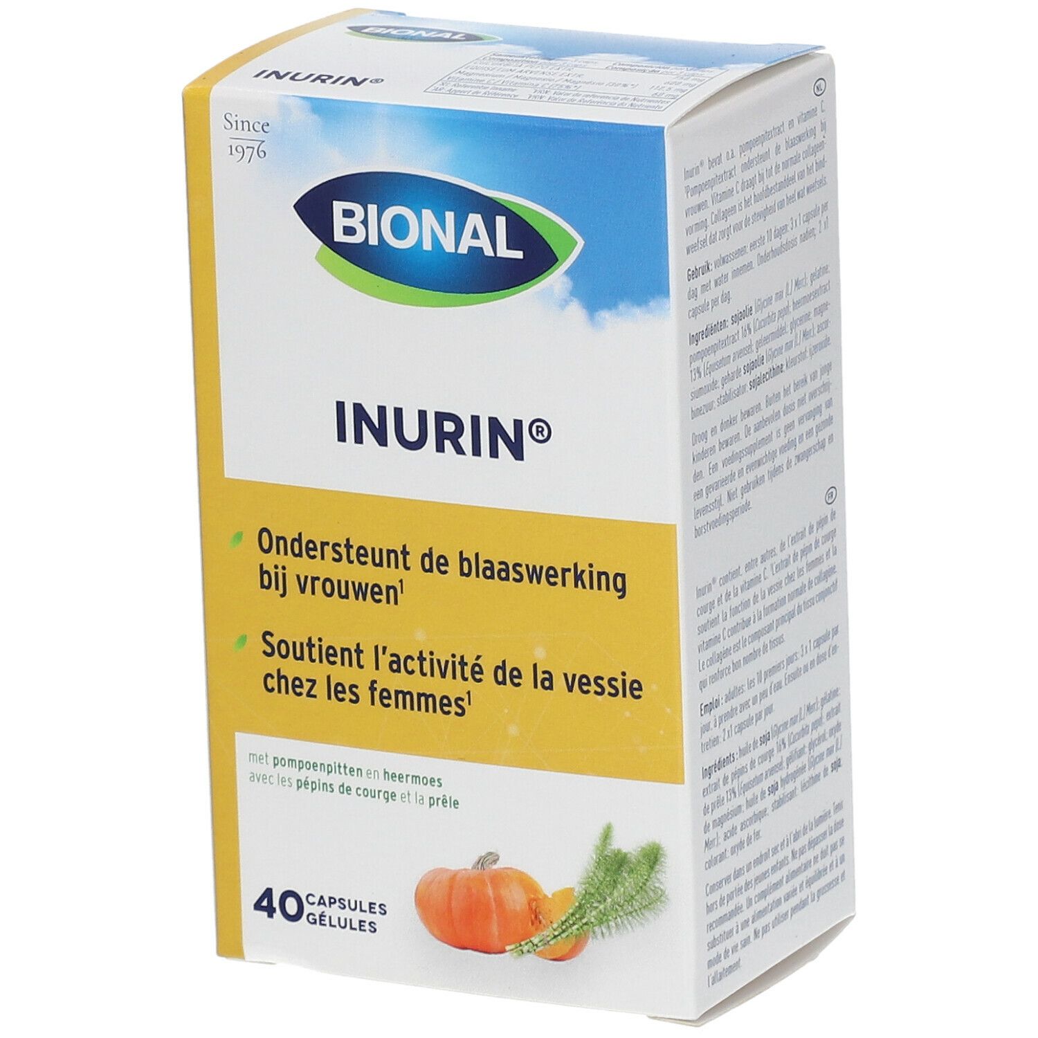 Boîte Bional Inurin. Carton blanc avec logo, nom du produit et informations. 40 gélules. Illustration d'une citrouille et d'herbes.