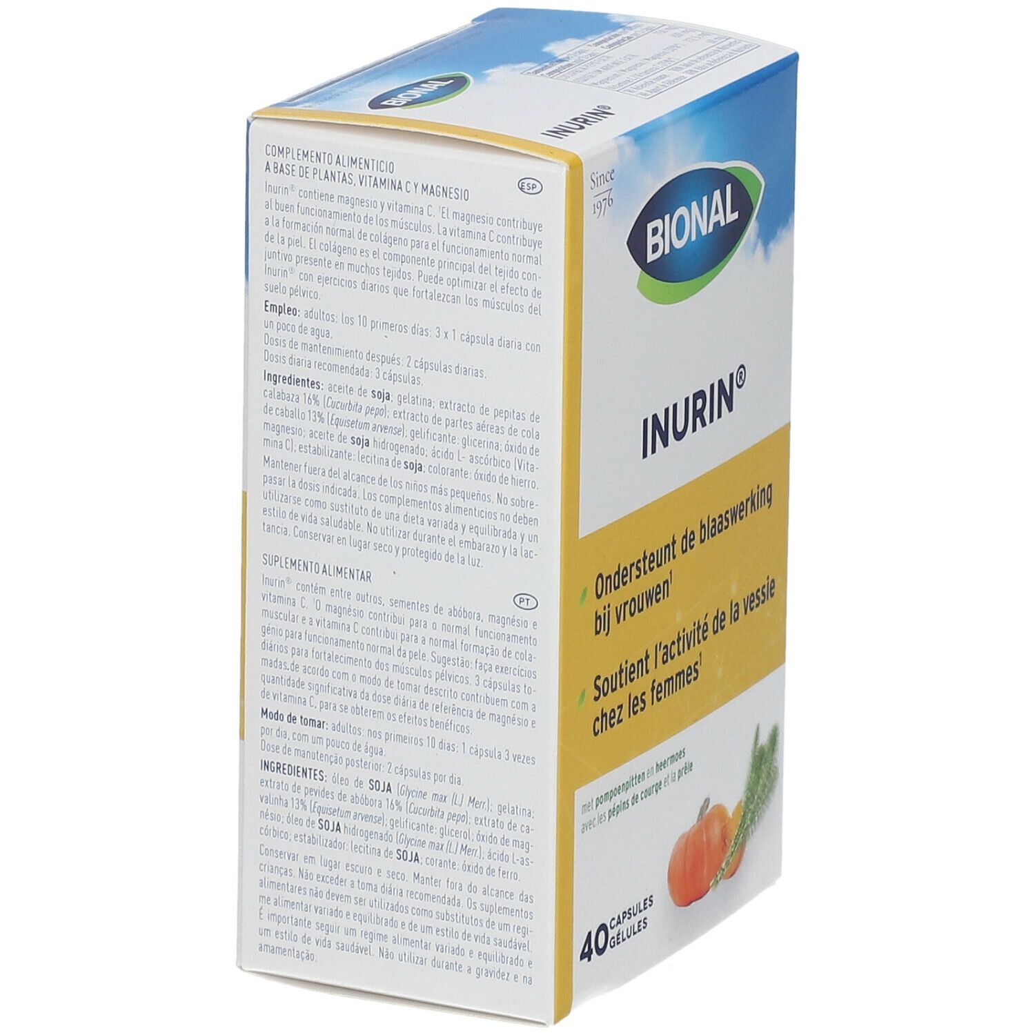 Boîte Bional Inurin. Carton blanc avec logo, nom du produit et informations. 40 gélules. Illustration d'une citrouille et d'herbes.