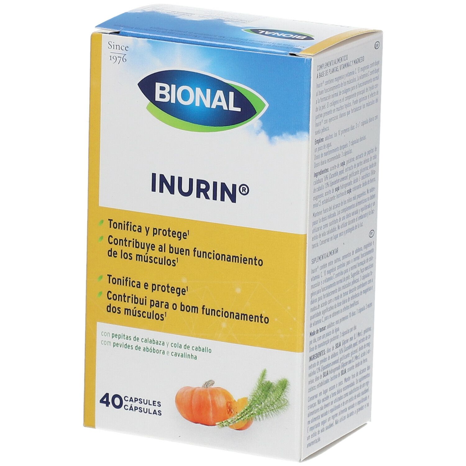 Boîte Bional Inurin. Carton blanc avec logo, nom du produit et informations. 40 gélules. Illustration d'une citrouille et d'herbes.