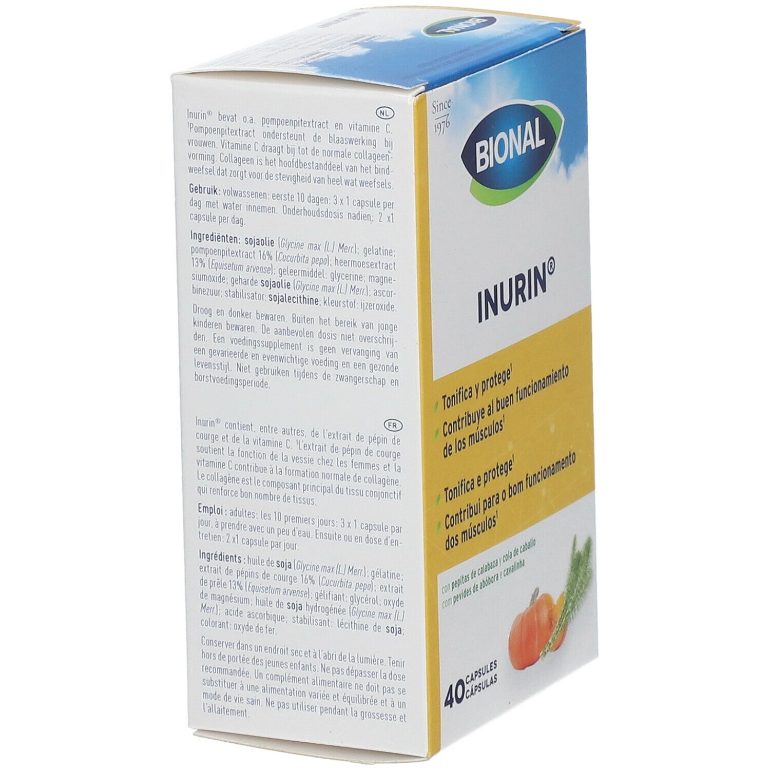 Boîte Bional Inurin. Carton blanc avec logo, nom du produit et informations. 40 gélules. Illustration d'une citrouille et d'herbes.