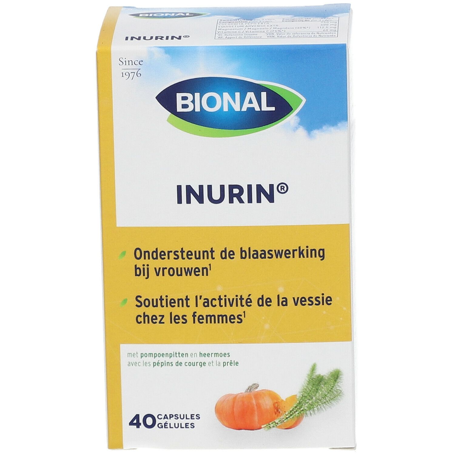Boîte Bional Inurin. Carton blanc avec logo, nom du produit et informations. 40 gélules. Illustration d'une citrouille et d'herbes.