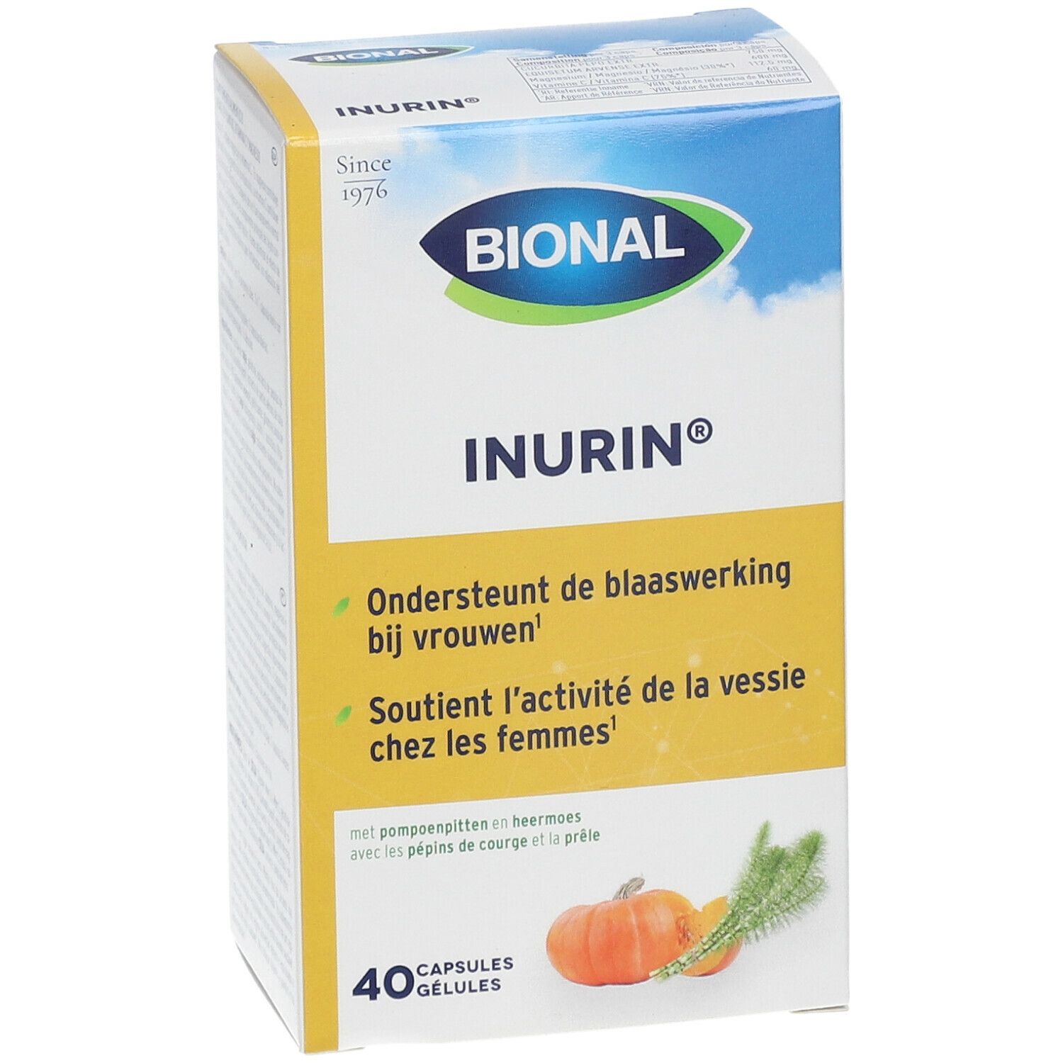 Boîte Bional Inurin. Carton blanc avec logo, nom du produit et informations. 40 gélules. Illustration d'une citrouille et d'herbes.