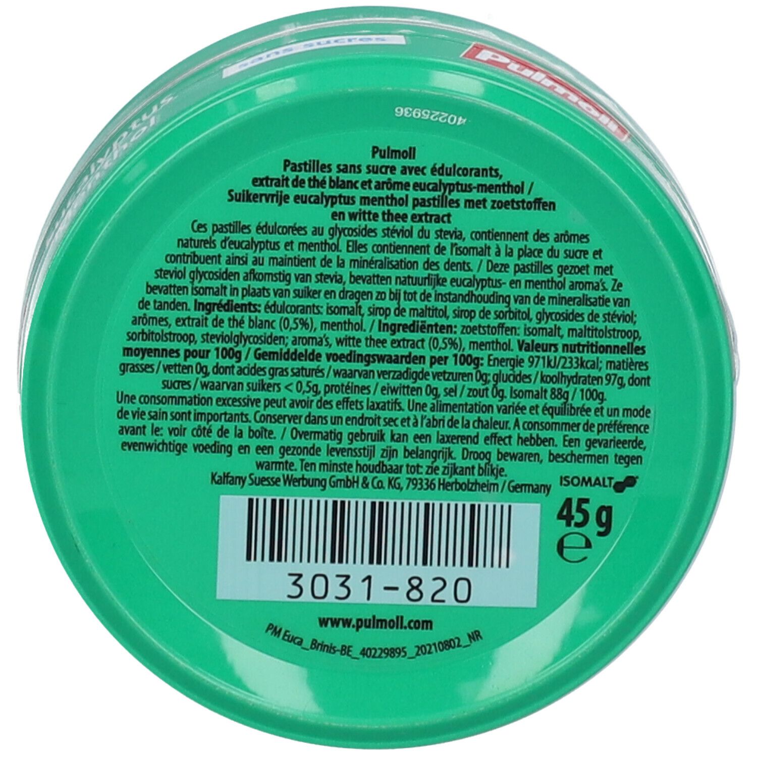 Dos de la boîte verte. Texte multilingue, ingrédients et informations nutritionnelles. 45g.