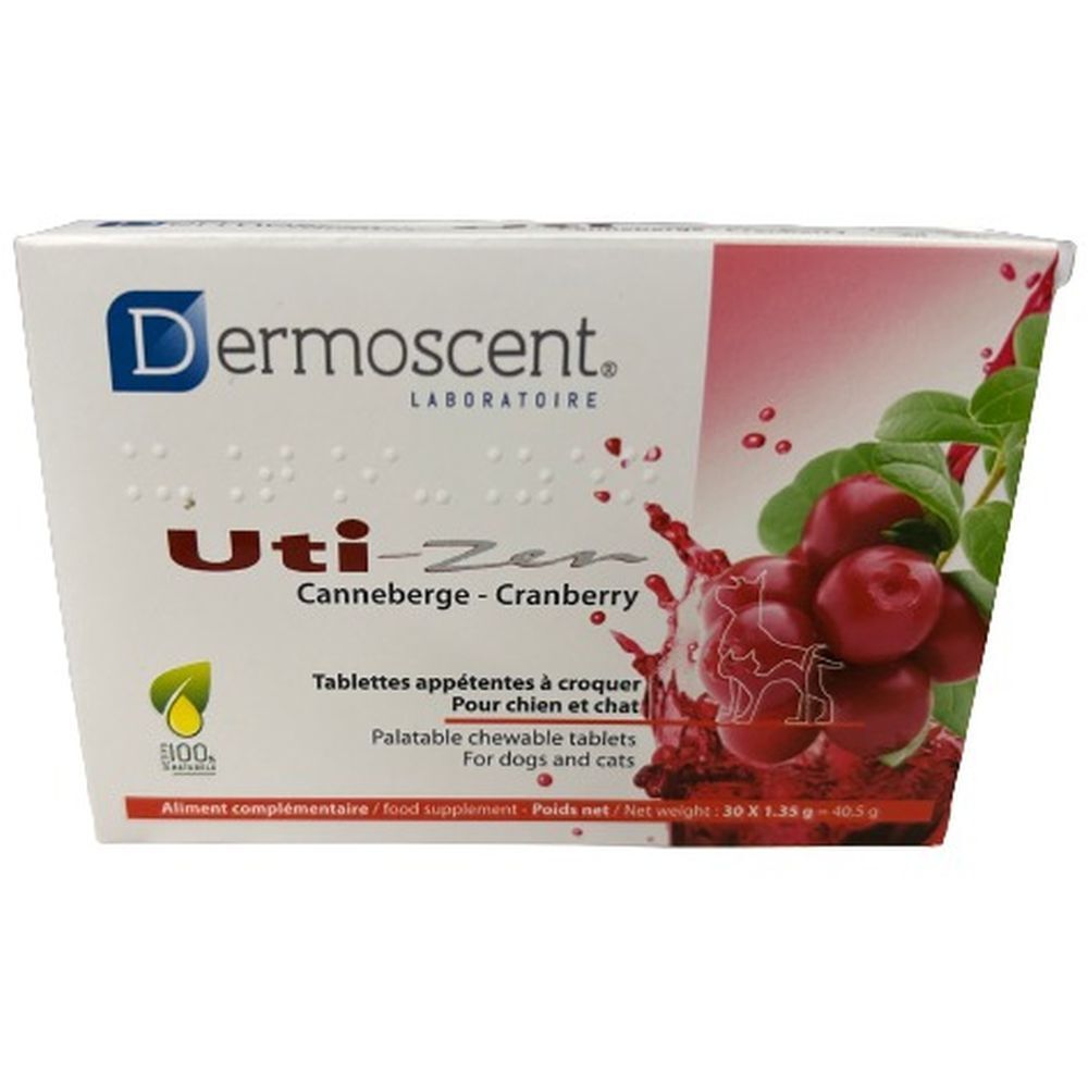 Witte doos met Dermoscent-logo en Uti-Zen. Cranberry-illustratie en tekst in het Frans en Engels. 100% natuurlijk.