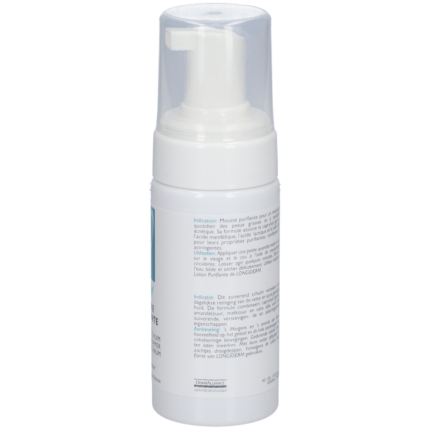 Weiße Flasche mit Pumpverschluss. Text auf der Flasche. LONGIDERM Reinigungsschaum.