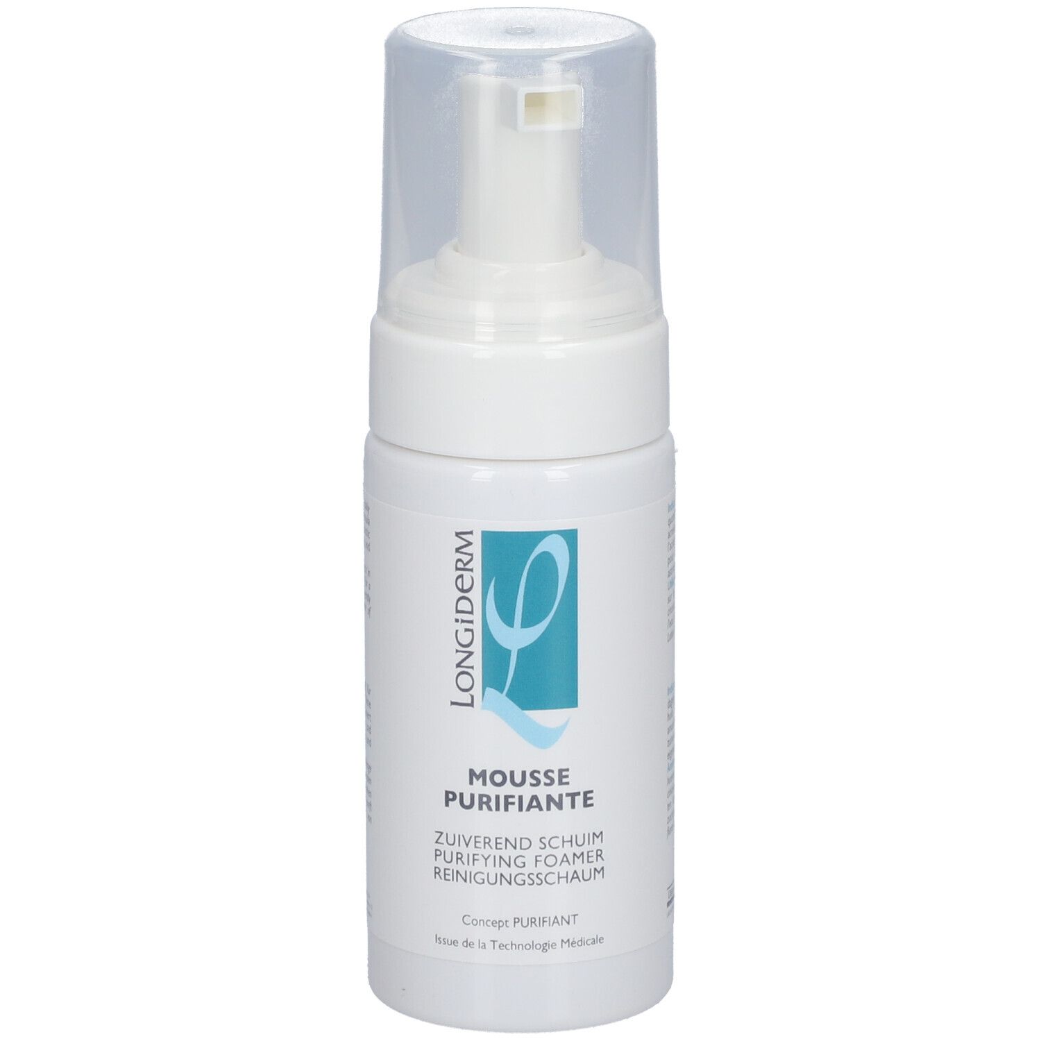 Weiße Flasche mit Pumpverschluss. Text auf der Flasche. LONGIDERM, Mousse Purifiante.