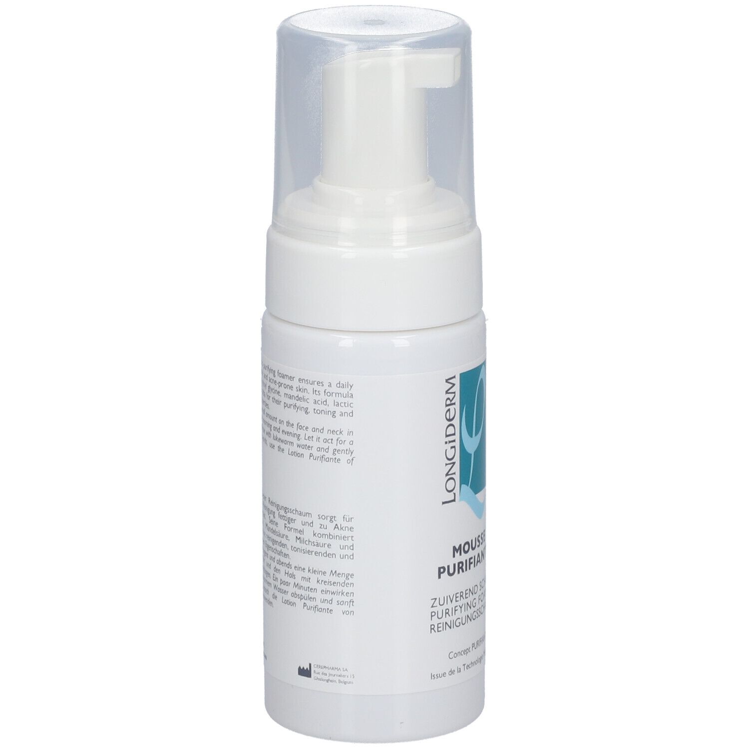 Weiße Flasche mit Pumpverschluss. Text auf der Flasche. LONGIDERM, Mousse Purifiante.