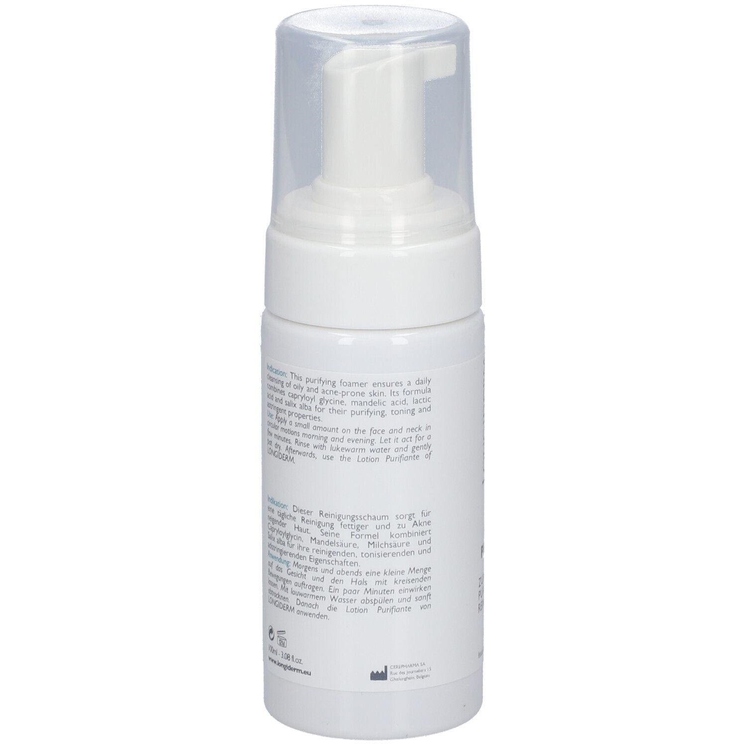 Weiße Flasche mit Pumpverschluss. Text auf der Flasche. LONGIDERM Reinigungsschaum.