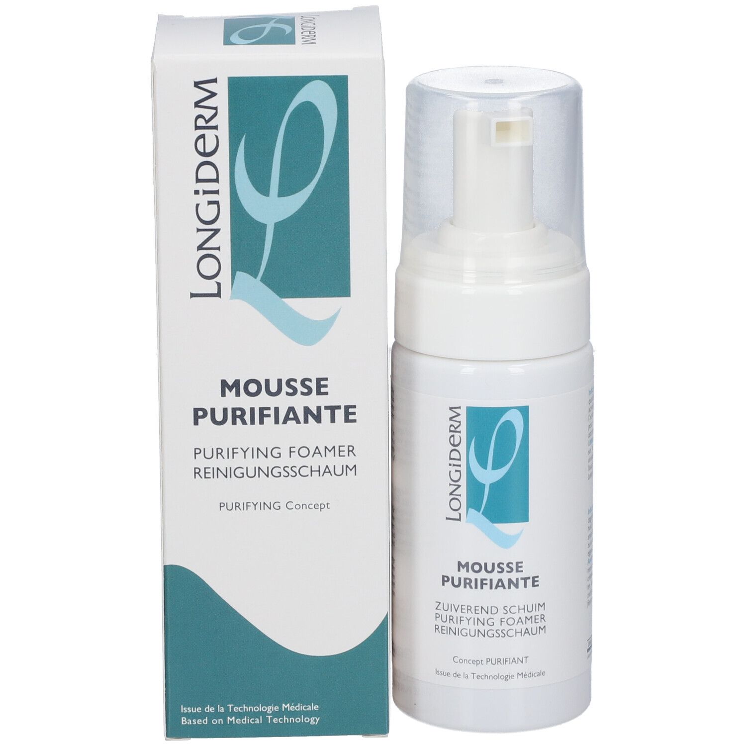 Produktflasche und Verpackung. LONGIDERM, Mousse Purifiante. Reinigungsschaum.