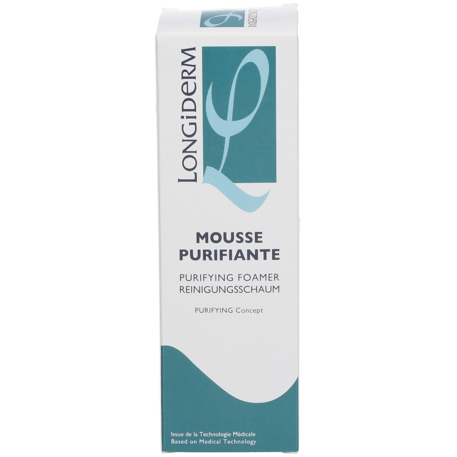 Verpackung. LONGIDERM, Mousse Purifiante. Reinigungsschaum. Weiß mit blauem Logo.