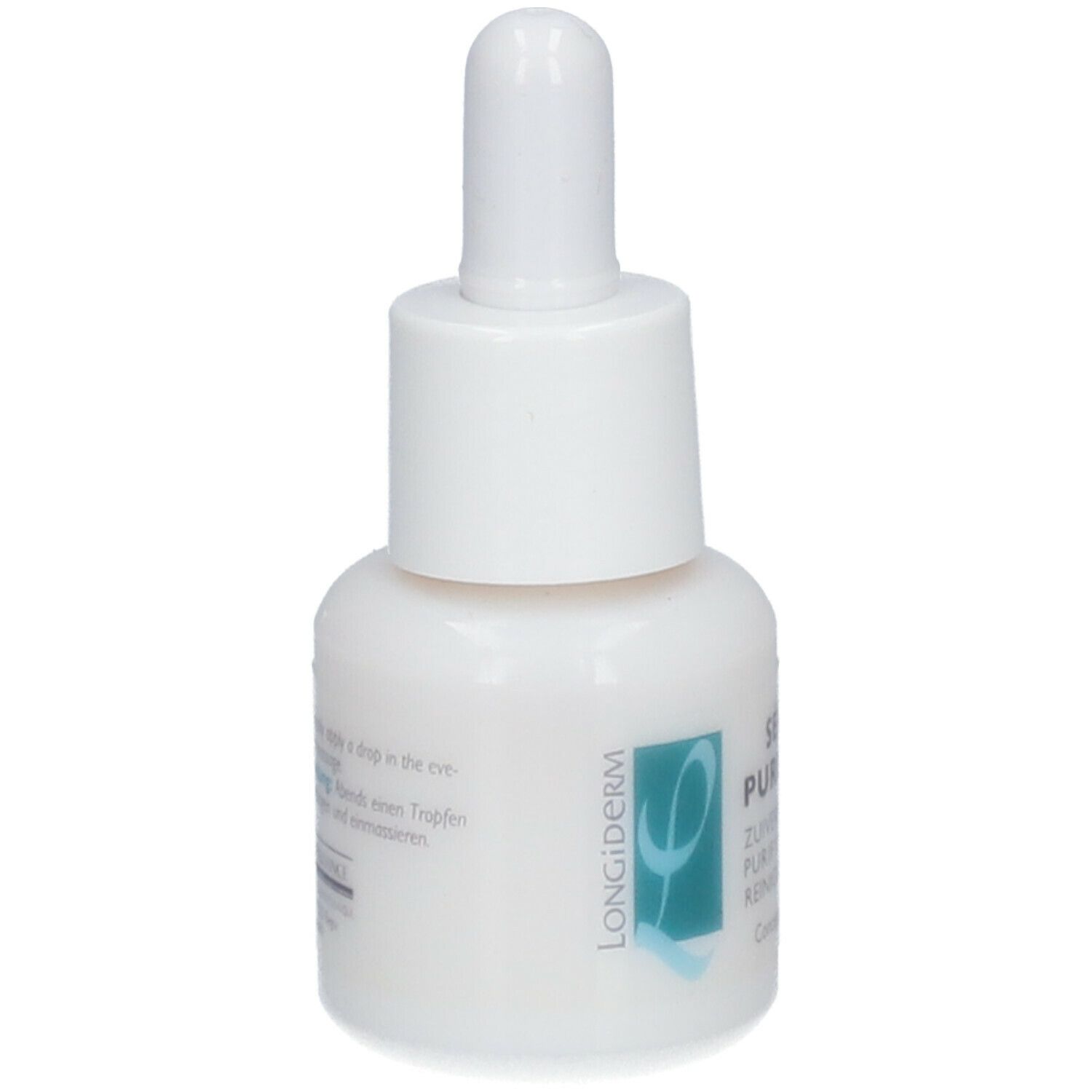 Flacon blanc avec compte-gouttes. Inscription : LONGIDERM. Inscription : Sérum Purifiant, ZUIVEREND SERUM, PURIFYING SERUM, REINIGUNGSSERUM.