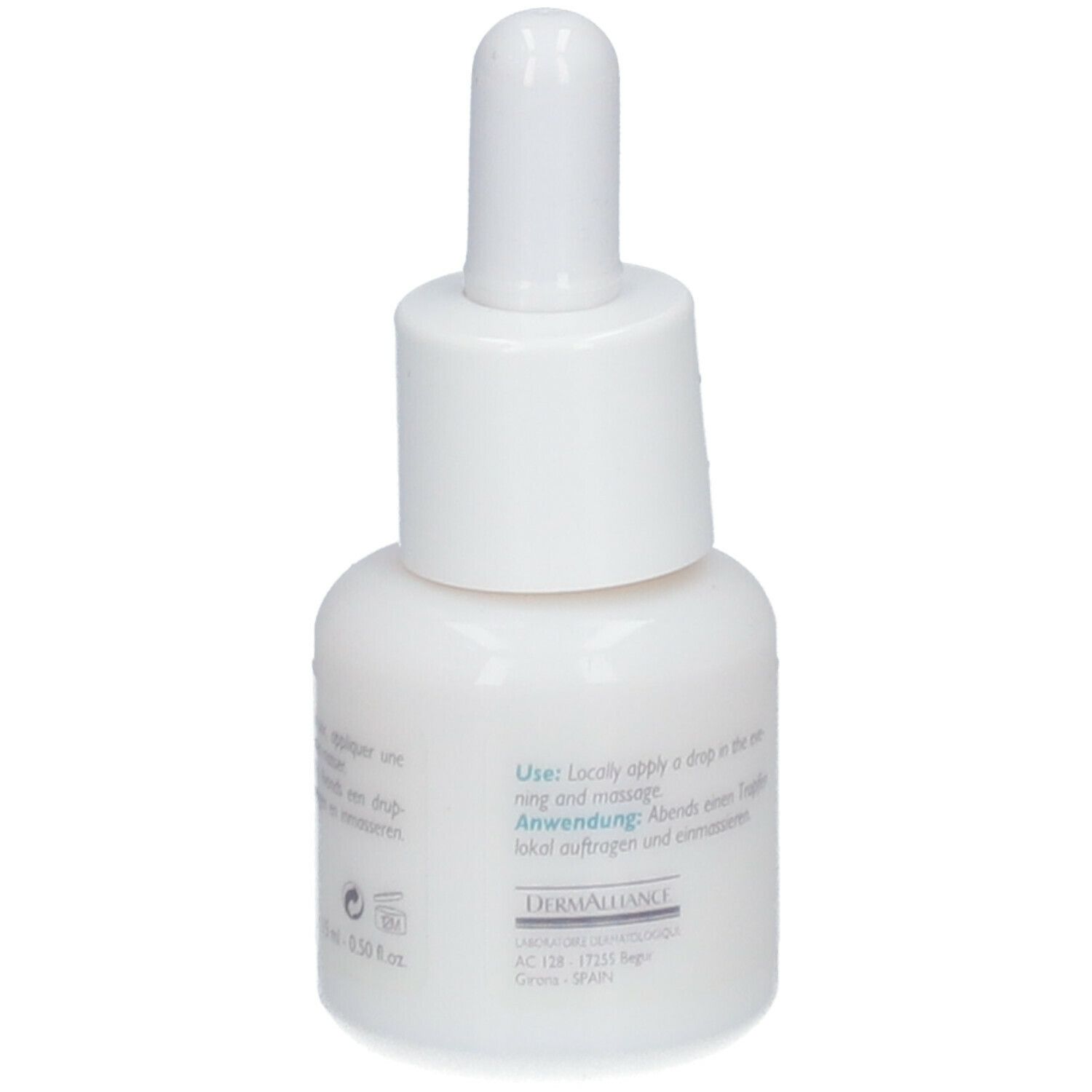 Flacon blanc avec compte-gouttes. Inscription : LONGIDERM. Inscription : Sérum Purifiant, ZUIVEREND SERUM, PURIFYING SERUM, REINIGUNGSSERUM.