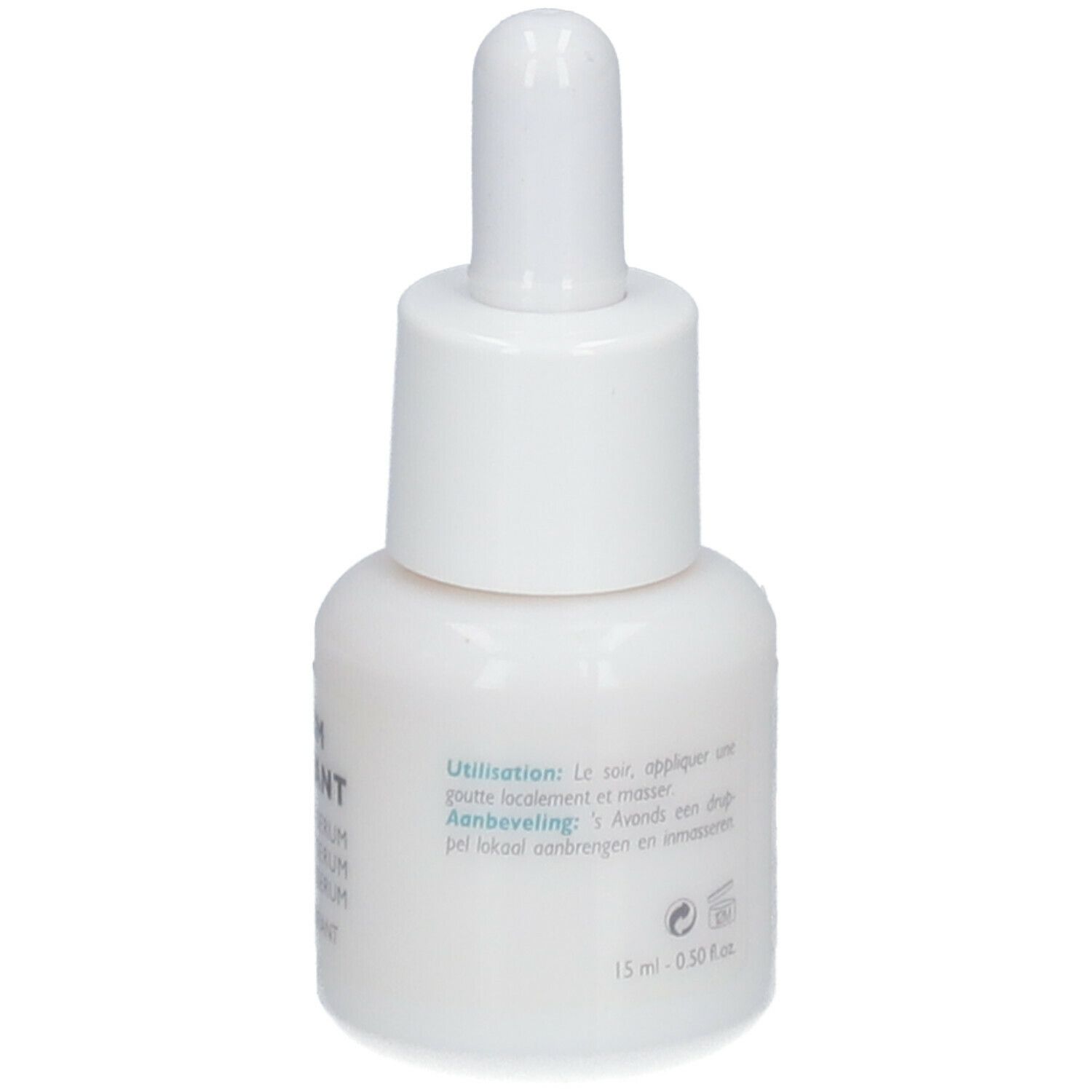 Flacon blanc avec compte-gouttes. Inscription : Sérum Purifiant, ZUIVEREND SERUM, PURIFYING SERUM, REINIGUNGSSERUM. Inscription : 15 ml.
