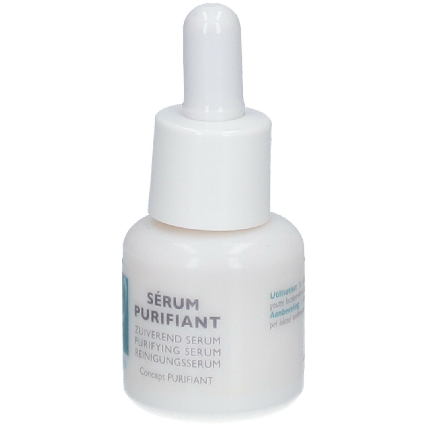 Flacon blanc avec compte-gouttes. Inscription : Sérum Purifiant, ZUIVEREND SERUM, PURIFYING SERUM, REINIGUNGSSERUM. Concept Purifiant.