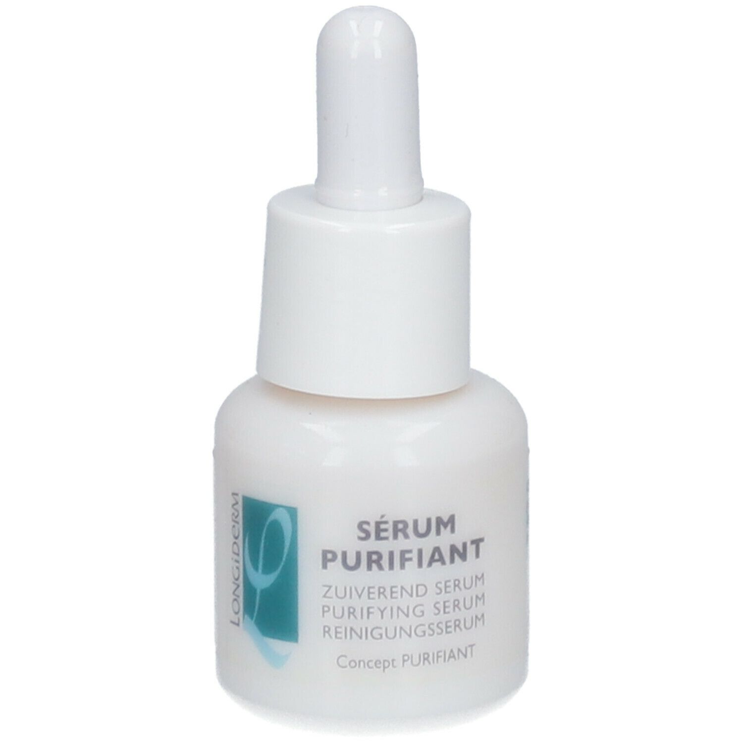 Flacon blanc avec compte-gouttes. Inscription : LONGIDERM. Inscription : Sérum Purifiant, ZUIVEREND SERUM, PURIFYING SERUM, REINIGUNGSSERUM.