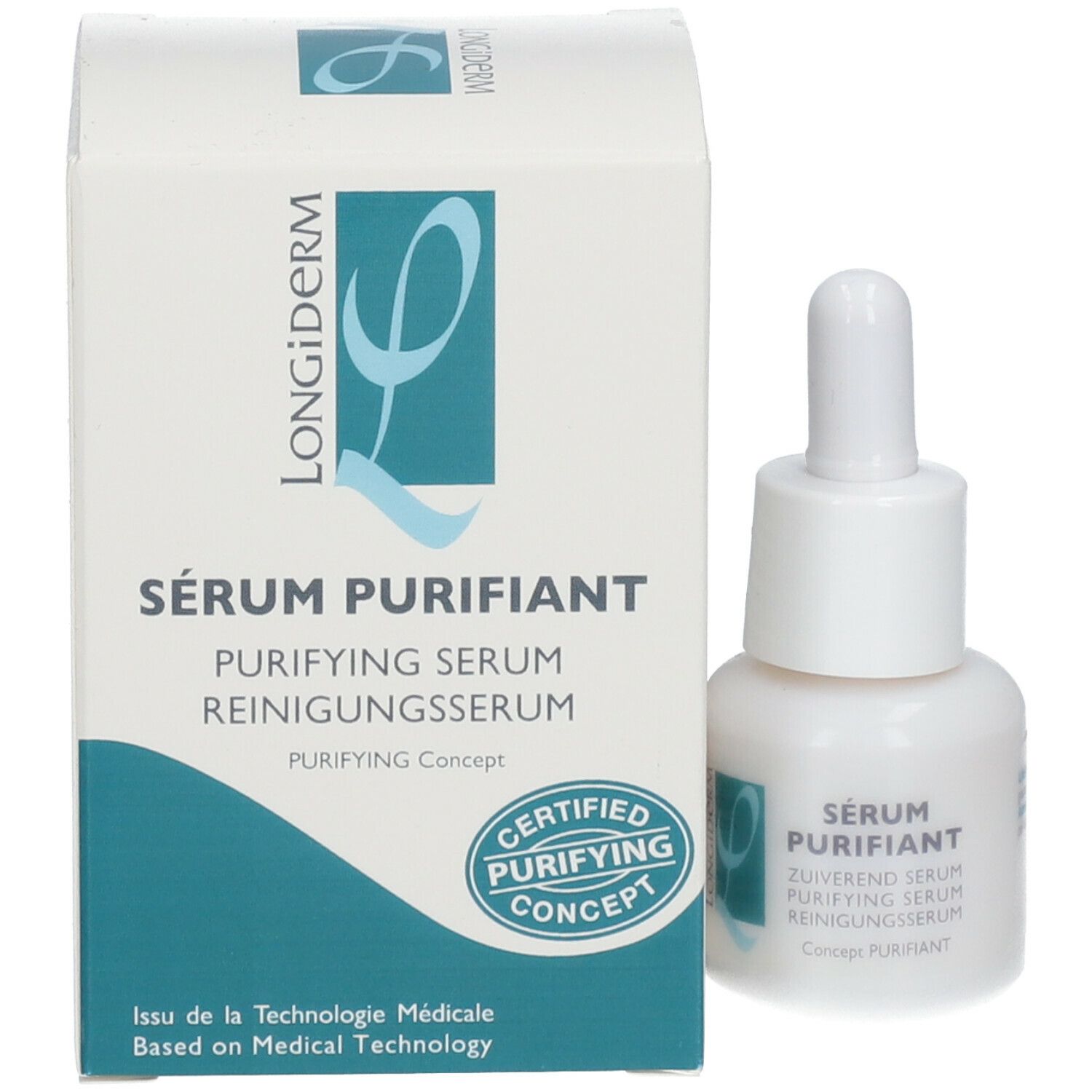 Emballage et flacon. Inscription : LONGIDERM, Sérum Purifiant, ZUIVEREND SERUM, PURIFYING SERUM, REINIGUNGSSERUM. Certification.