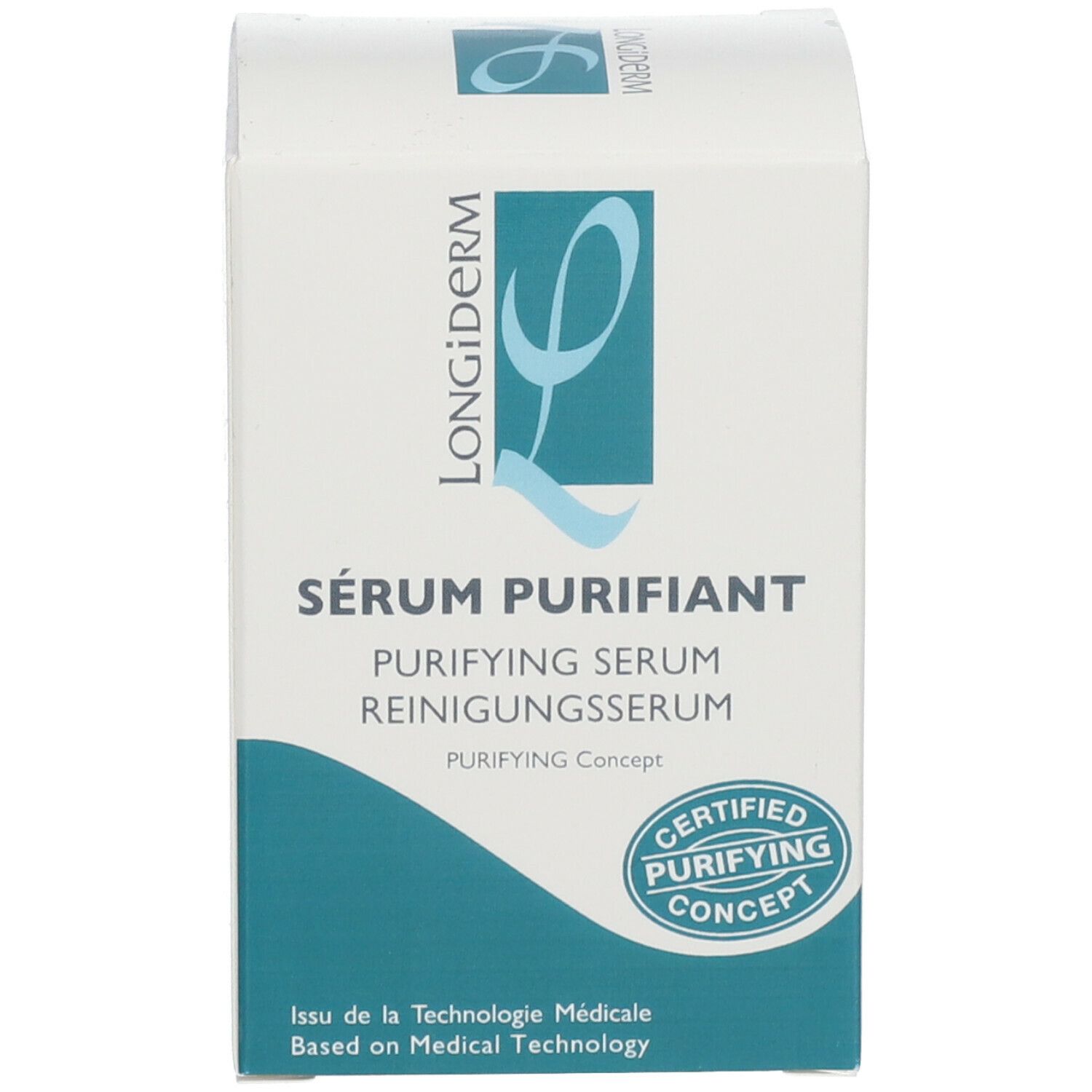 Emballage du produit. Inscription : LONGIDERM, Sérum Purifiant, ZUIVEREND SERUM, PURIFYING SERUM, REINIGUNGSSERUM. Certification.