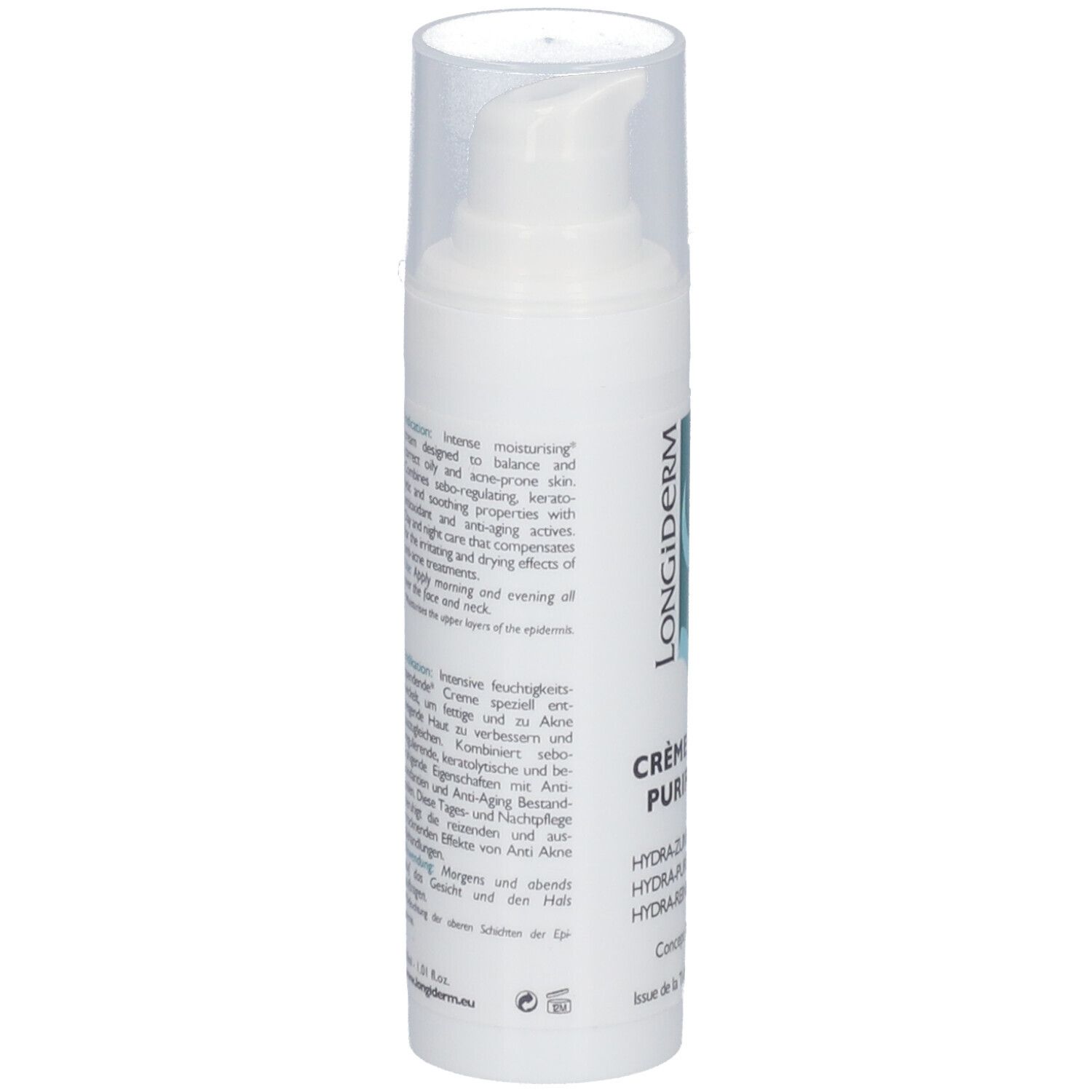 Flacon blanc avec bouchon pompe. Texte: Informations produit. Inscription: Longiderm, Crème Hydra Purifiante.
