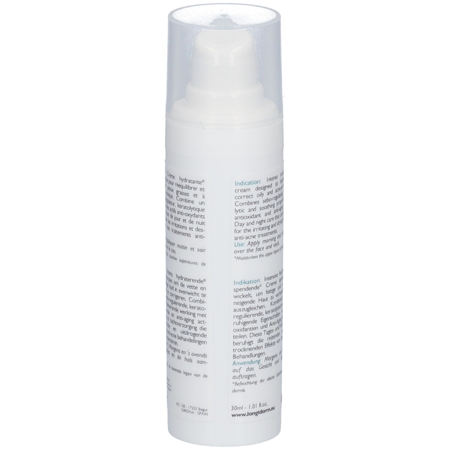Flacon blanc avec bouchon pompe. Texte: Informations produit. Inscription: Longiderm, Crème Hydra Purifiante.