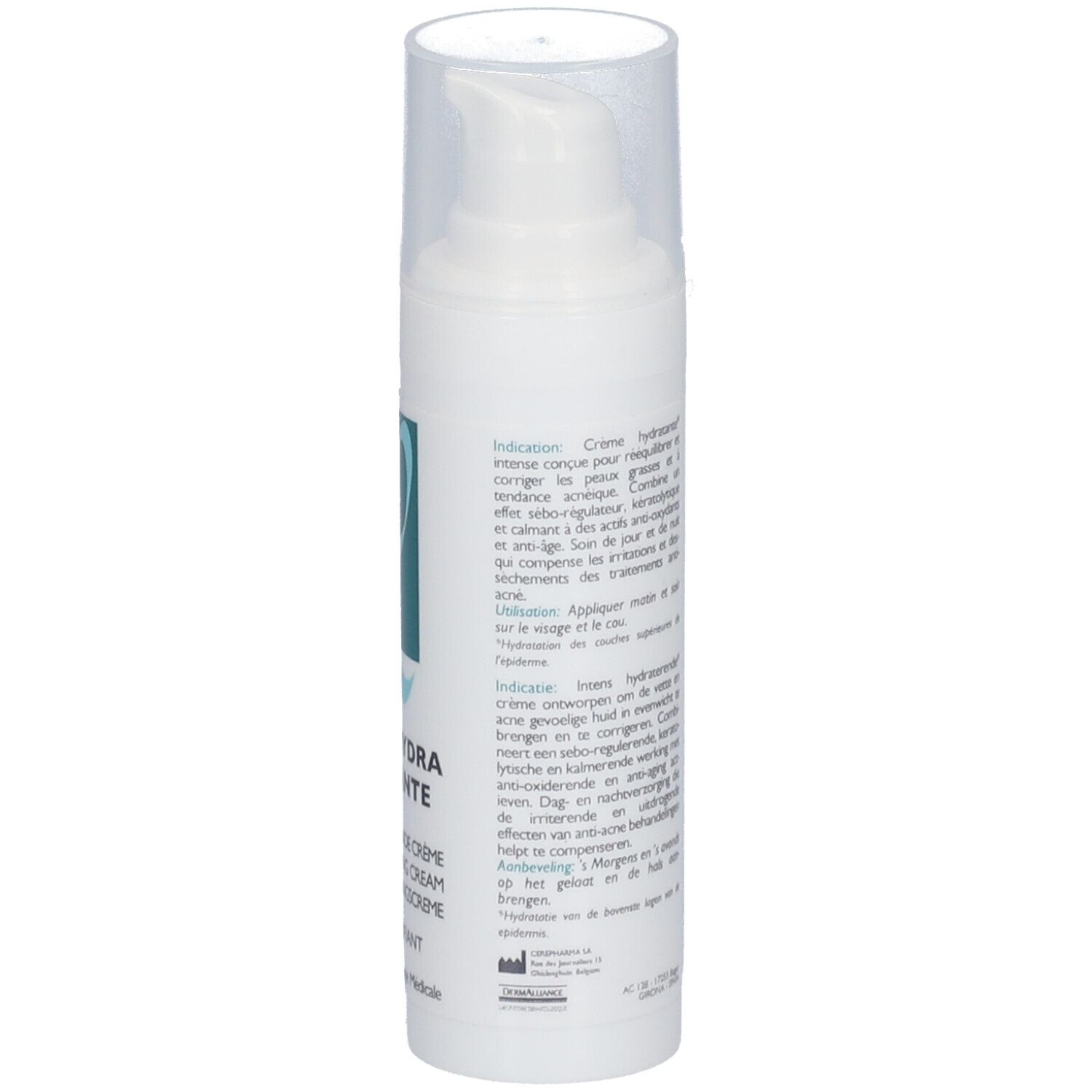 Flacon blanc avec bouchon pompe. Texte: Informations produit. Inscription: Longiderm, Crème Hydra Purifiante.