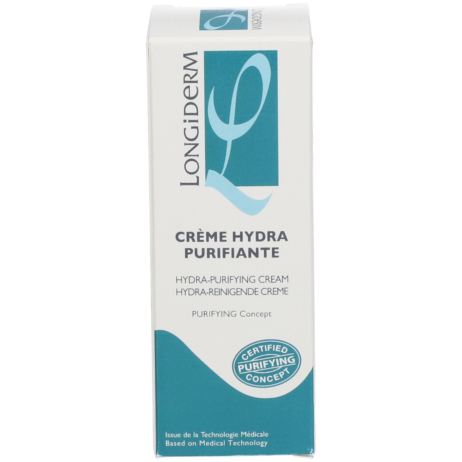 Emballage blanc du produit. Inscription: Longiderm, Crème Hydra Purifiante. Logo turquoise. Logo de certification.