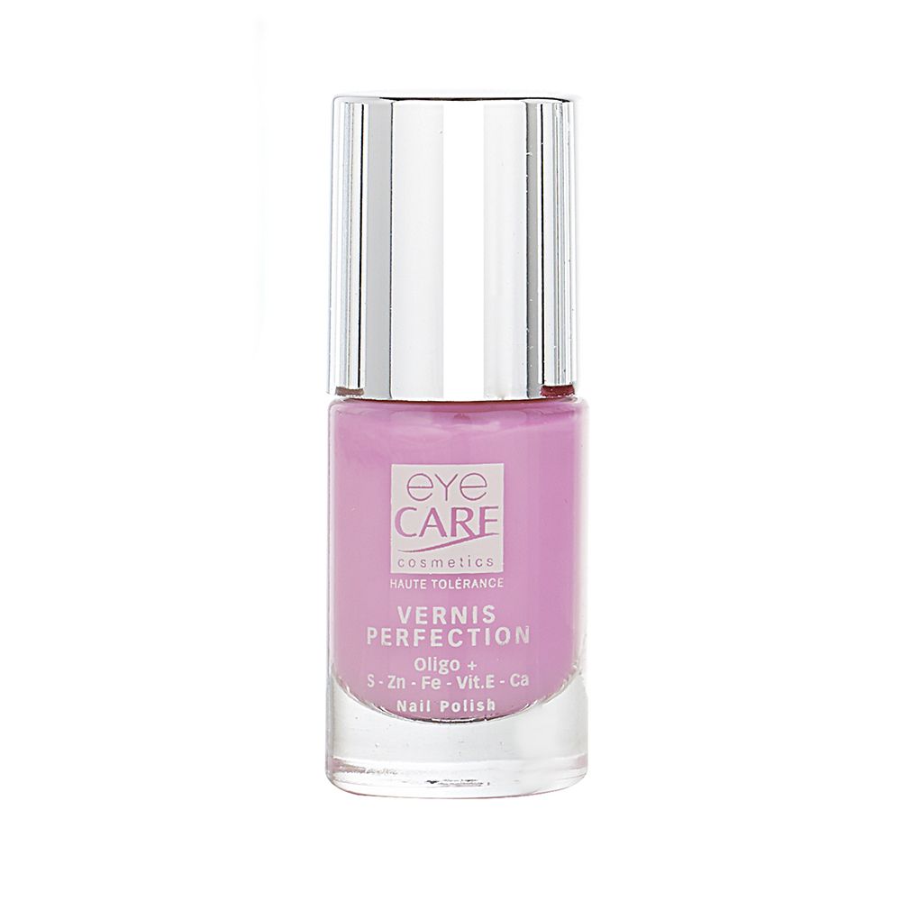 Flacon de vernis à ongles rose avec bouchon argenté. Inscriptions: Eye Care, Vernis Perfection.