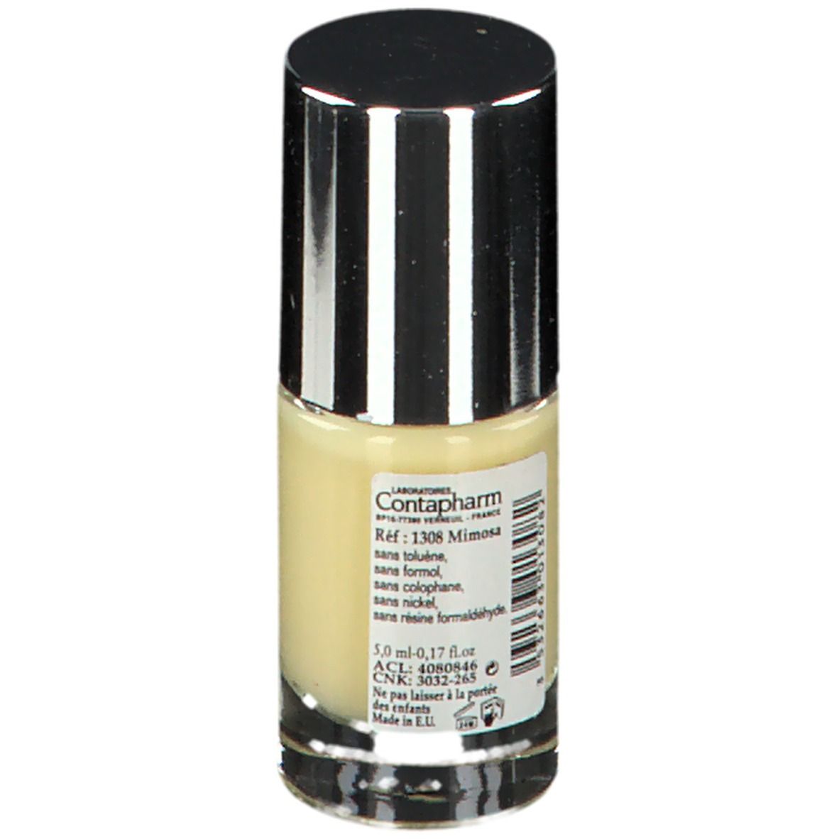 Flacon de vernis à ongles avec bouchon argenté. Inscription: Contapharm, Ref: 1308 Mimosa. Liquide jaune visible. Vue arrière.