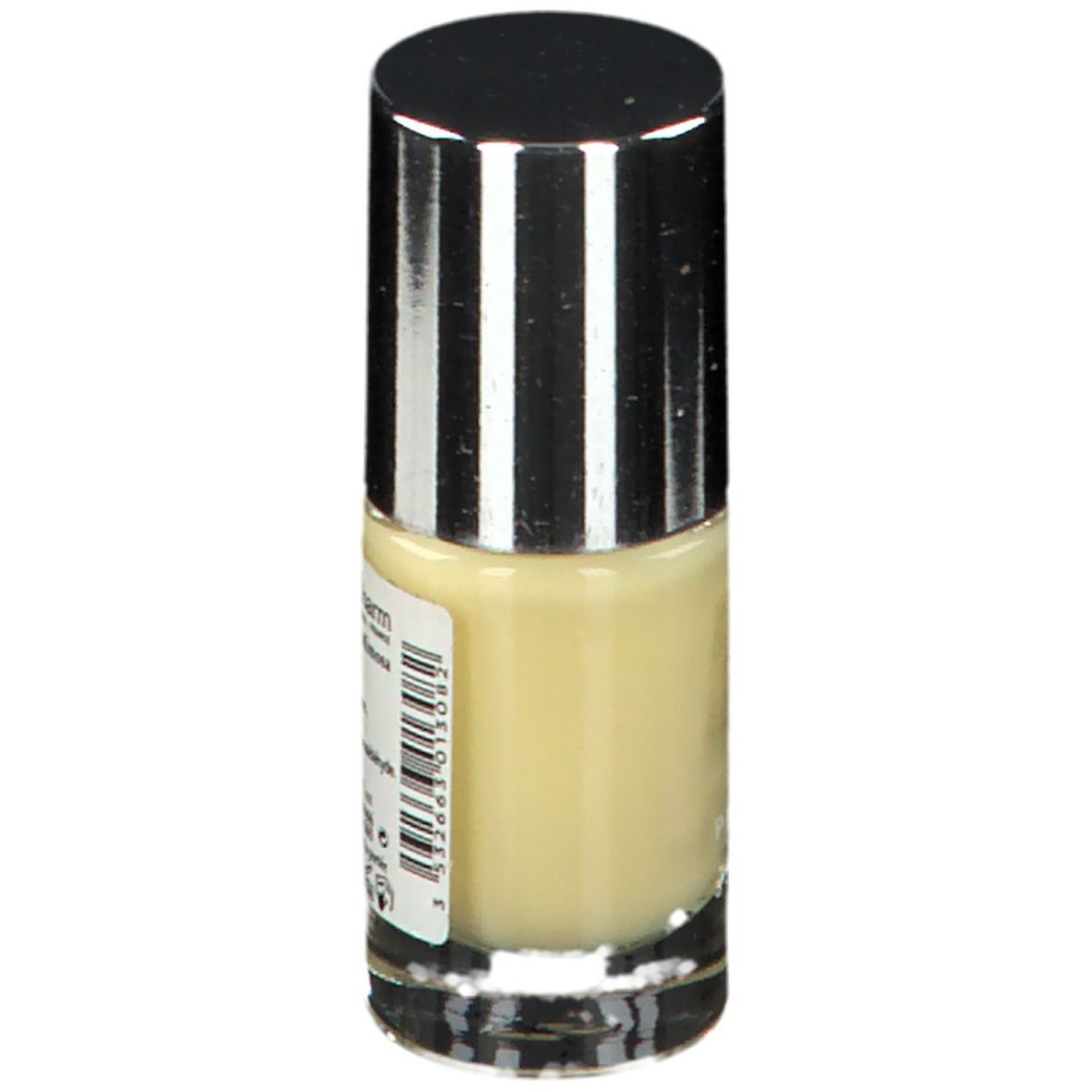 Flacon de vernis à ongles avec bouchon argenté. Inscription et code-barres. Liquide jaune visible. Vue arrière.