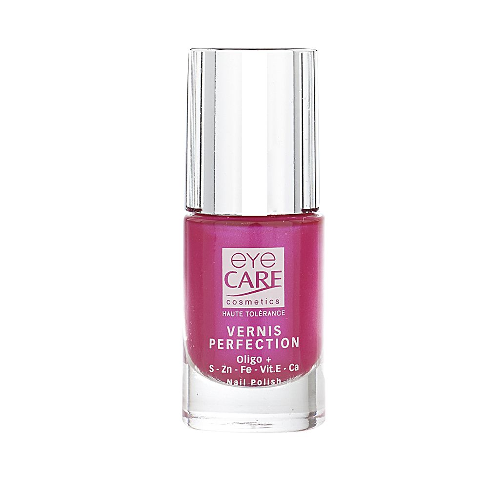 Flacon de vernis à ongles avec bouchon argenté. Inscription: Eye Care, Vernis Perfection, Oligo +, Nail Polish.