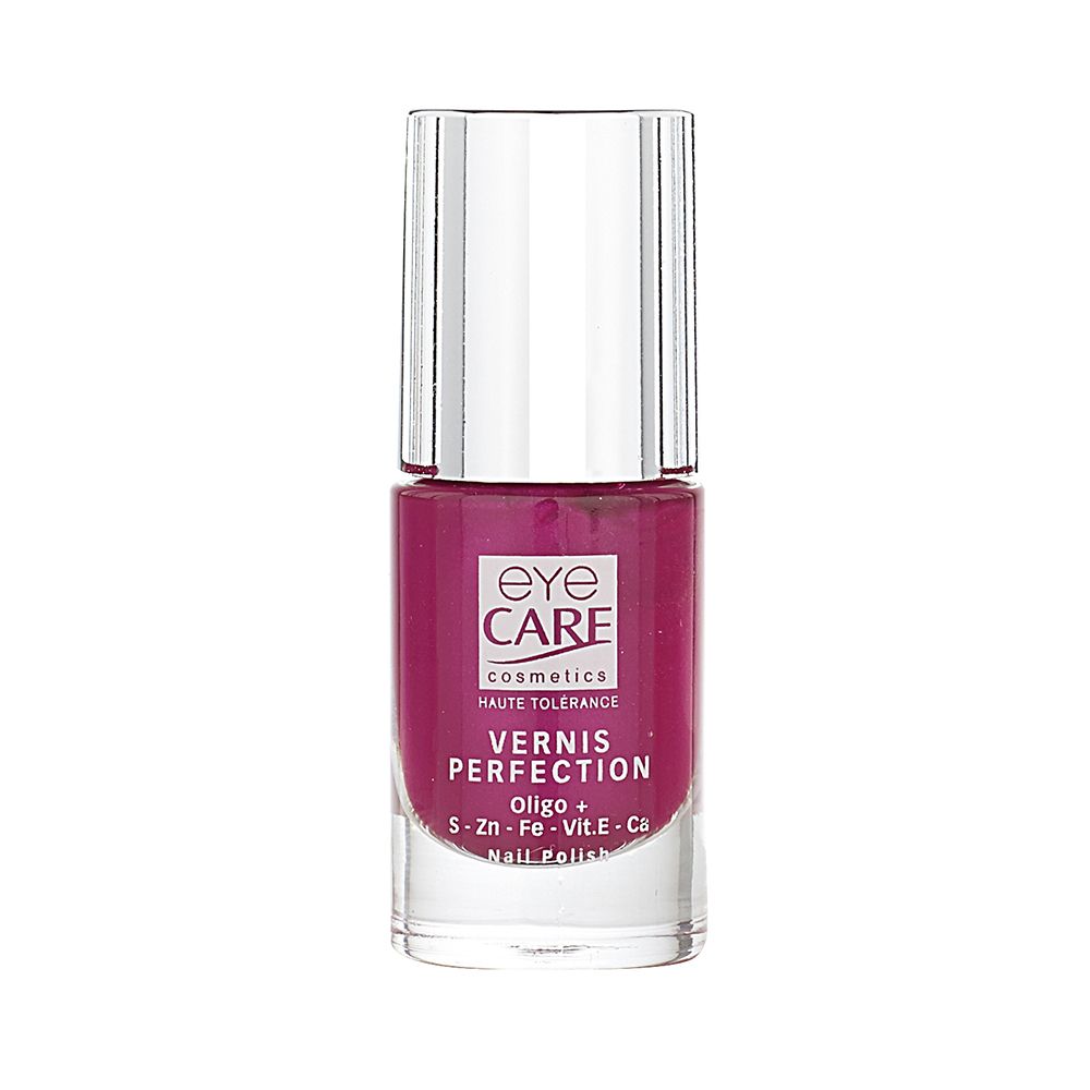 Flacon de vernis à ongles rose. Bouchon argenté. Inscriptions: EYE CARE, VERNIS PERFECTION, Oligo+.