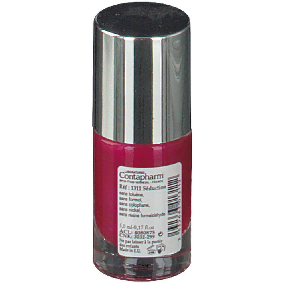 Flacon de vernis à ongles, dos. Contenu rose, bouchon argenté. Inscription: Contapharm, 1311 Seduction.