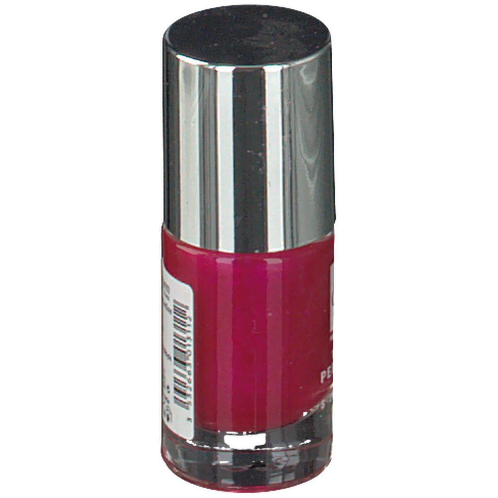 Flacon de vernis à ongles, contenu rose, bouchon argenté. Vue oblique. Inscription illisible.