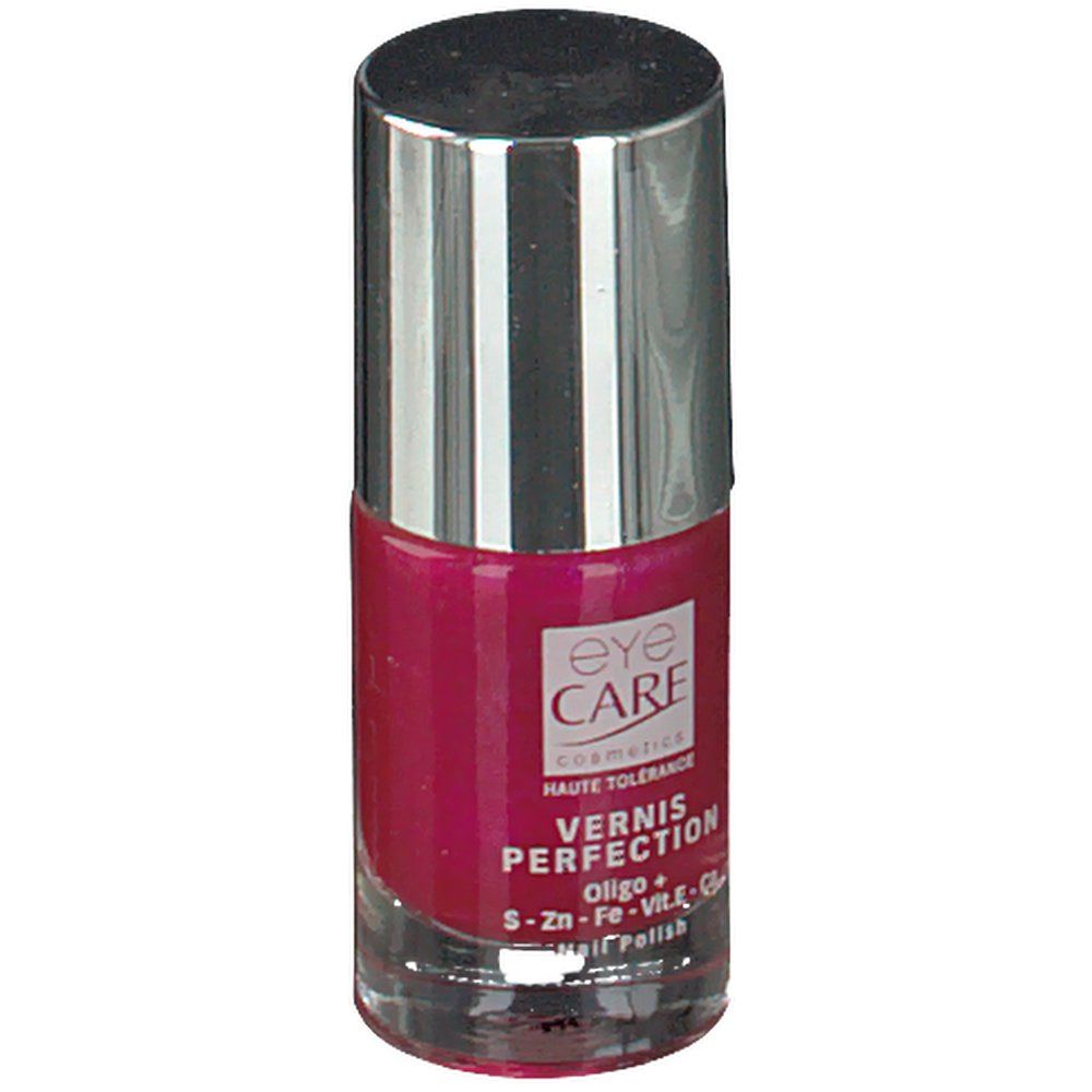 Flacon de vernis à ongles rose. Bouchon argenté. Inscriptions: EYE CARE, VERNIS PERFECTION, Oligo+.