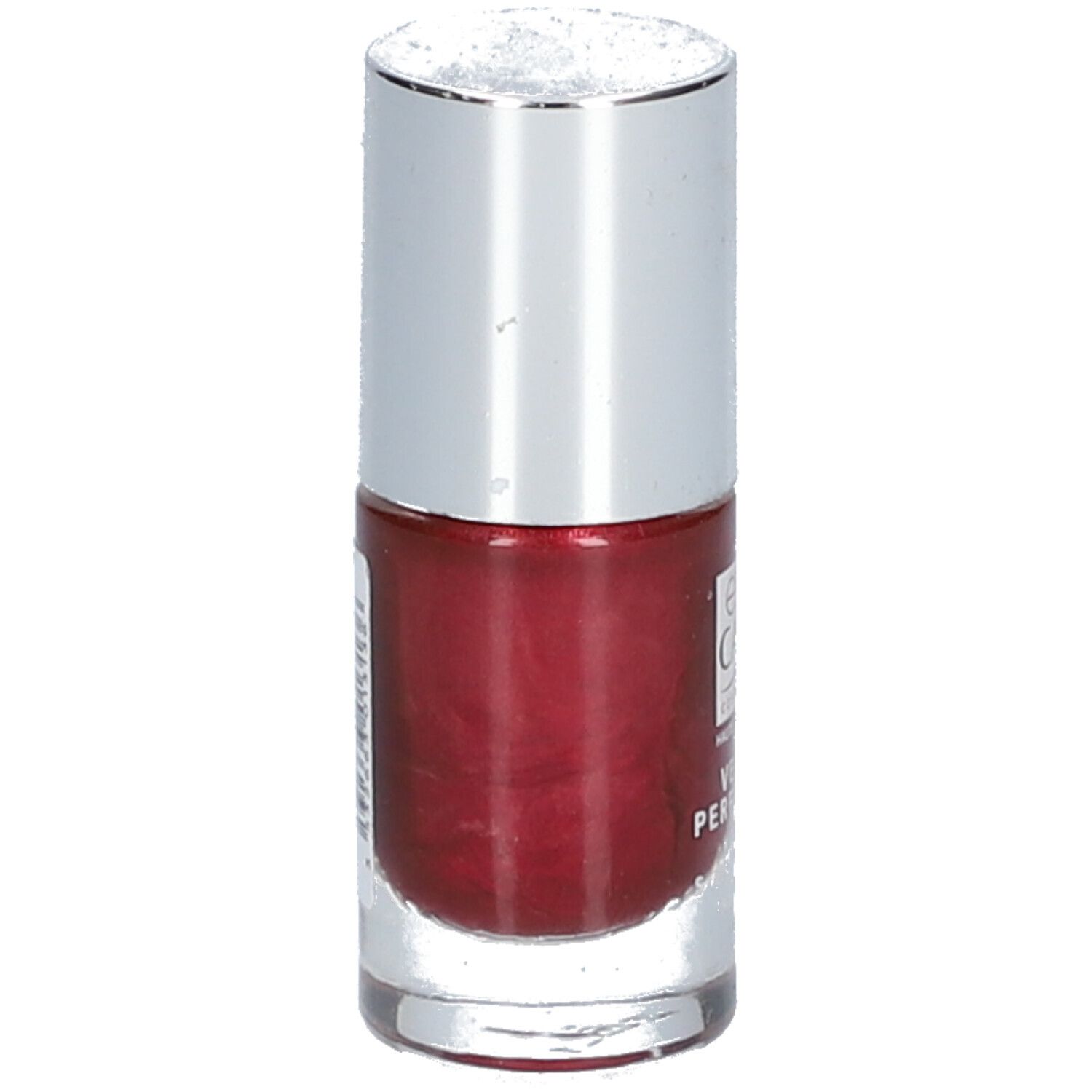Flacone di smalto con tappo argentato. Colore rosso visibile. Scritta: Eye Care Cosmetics, Vernis Perfection.