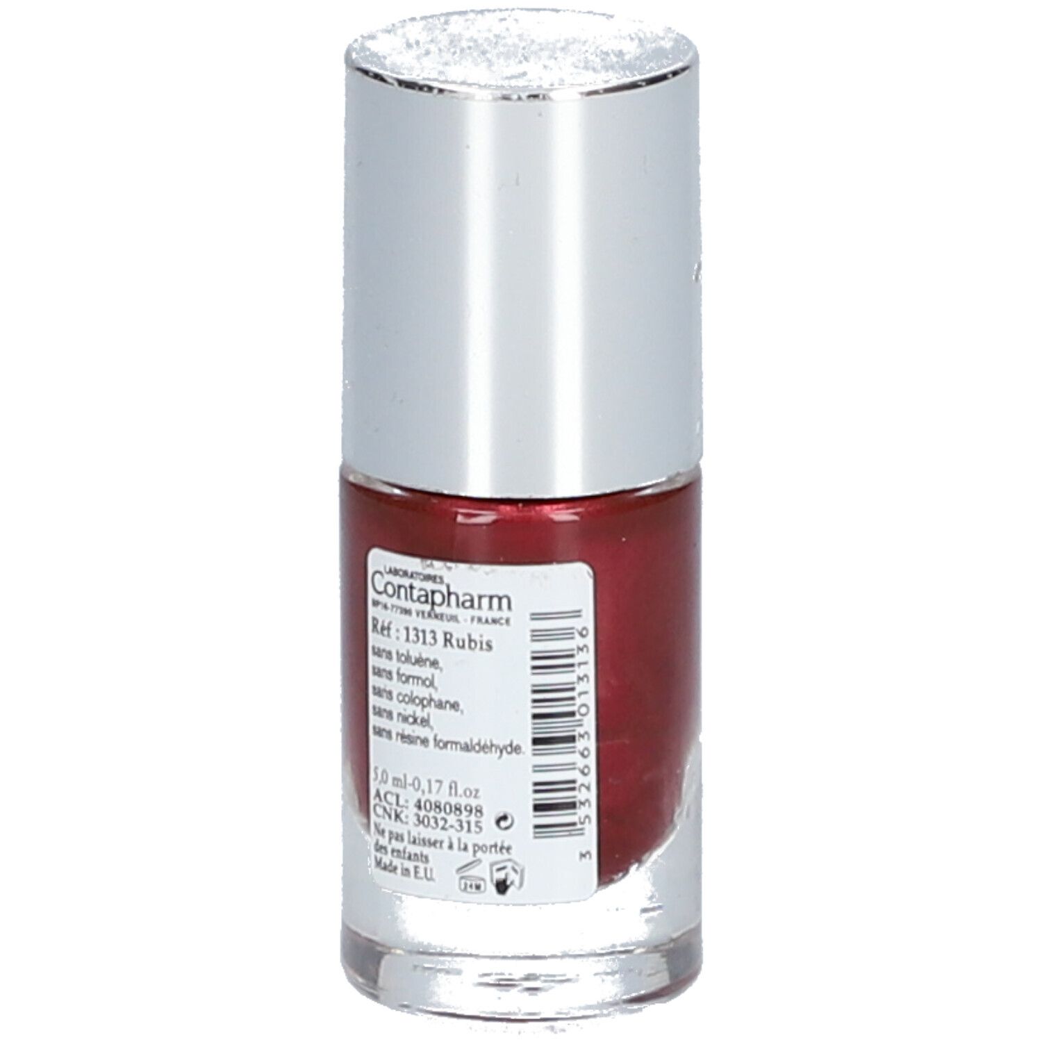 Flacone di smalto con tappo argentato. Retro con testo: Contapharm, 1313 Rubis, ingredienti, numero di lotto.